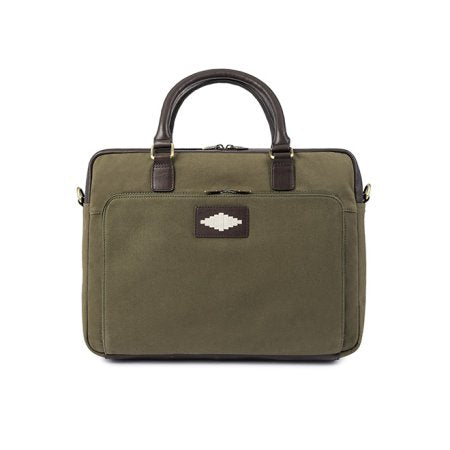 Mensajero Briefcase Brown Leather and Forest Canvas