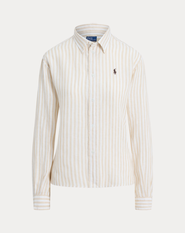 Wide Cropped Gingam Linen Shirt Dune Tan