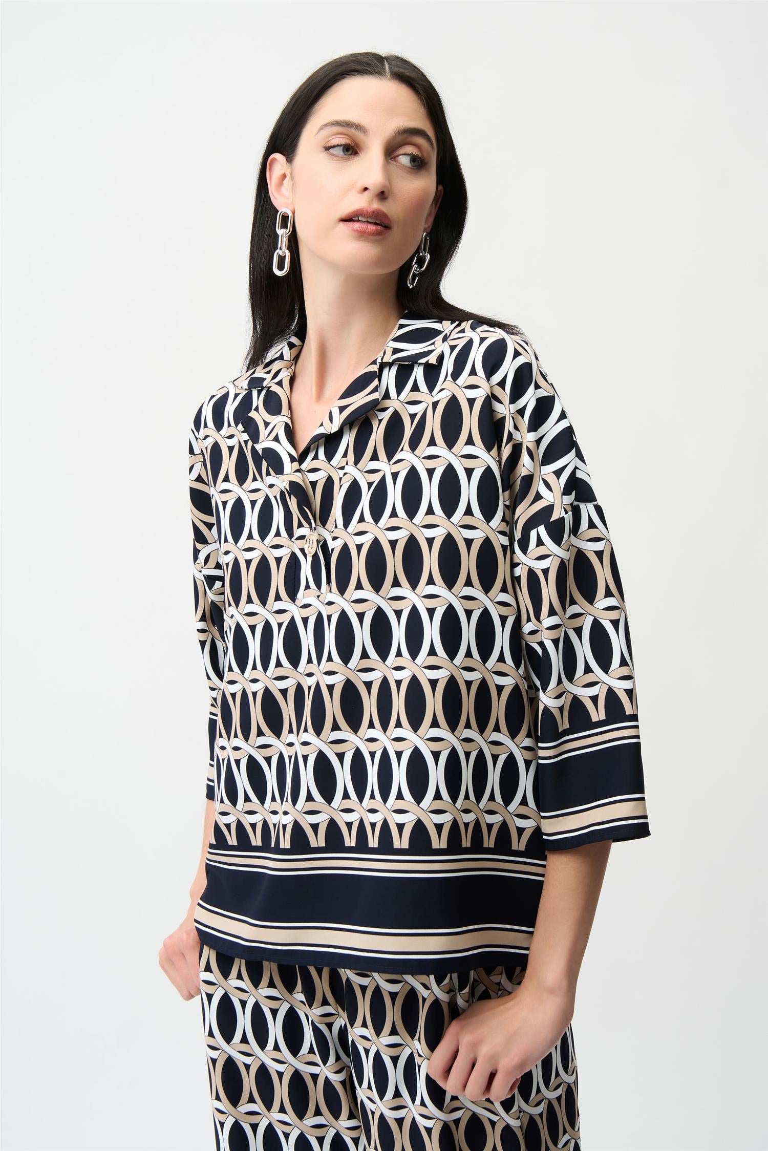 Recycled Woven Geom Print Top Midnight Blue