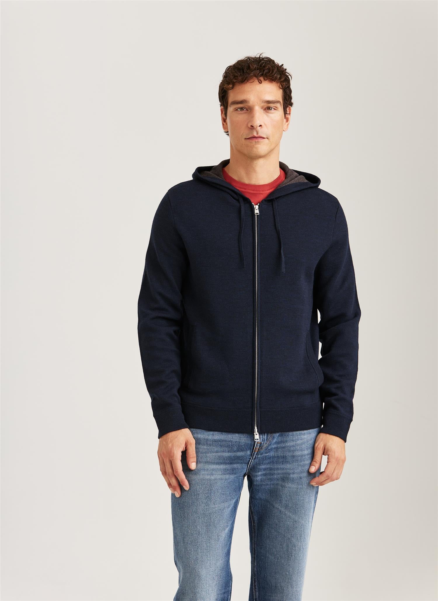 Merino Double Zip Hood Navy