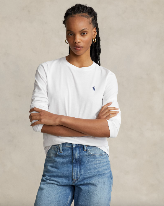 Long Sleeve Jersey Crew Neck T-shirt White