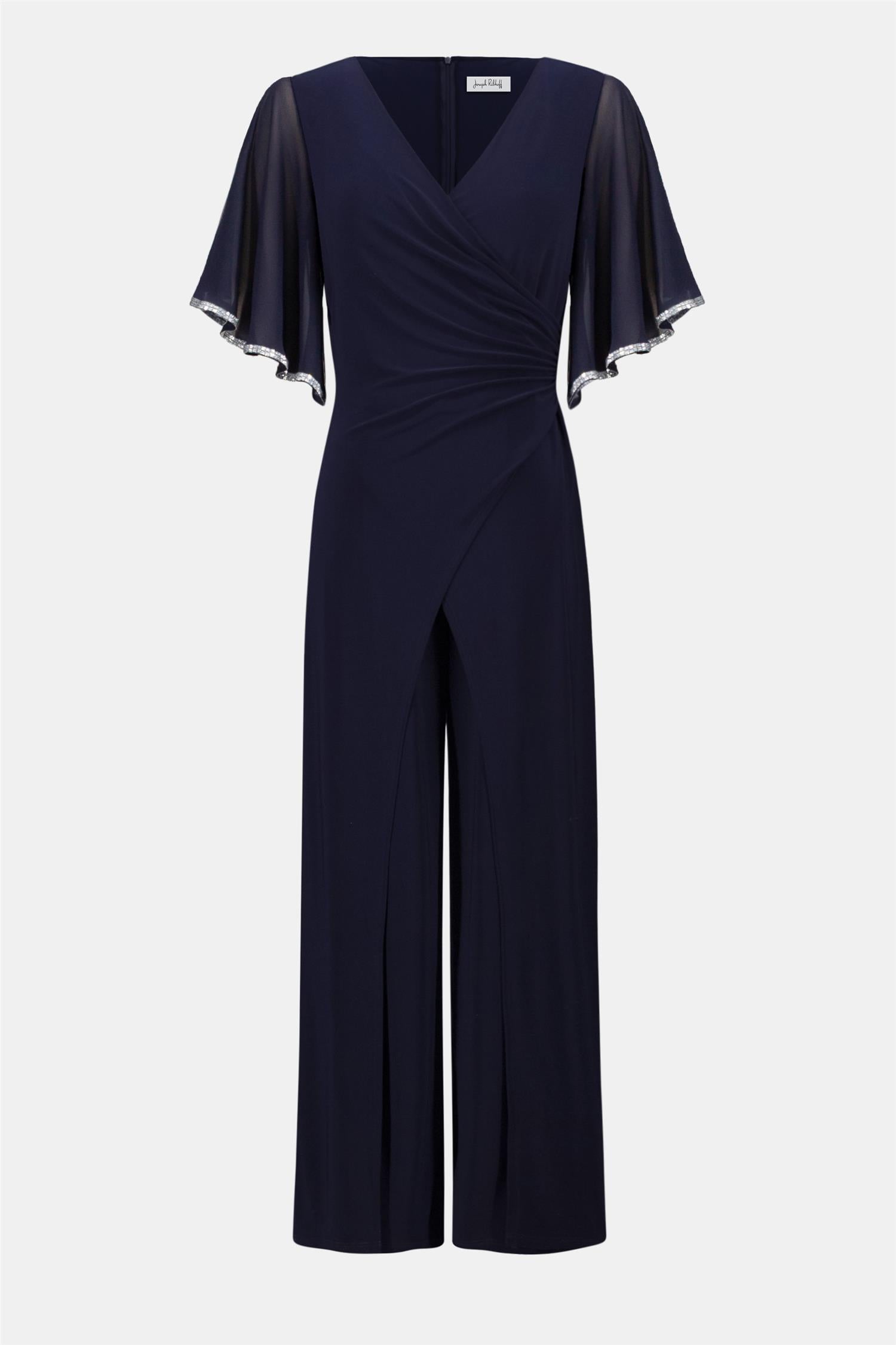 Signature |Silky Knit Wrap Wide Leg Jumpsuit With Rhinestone Trim Midnight blue