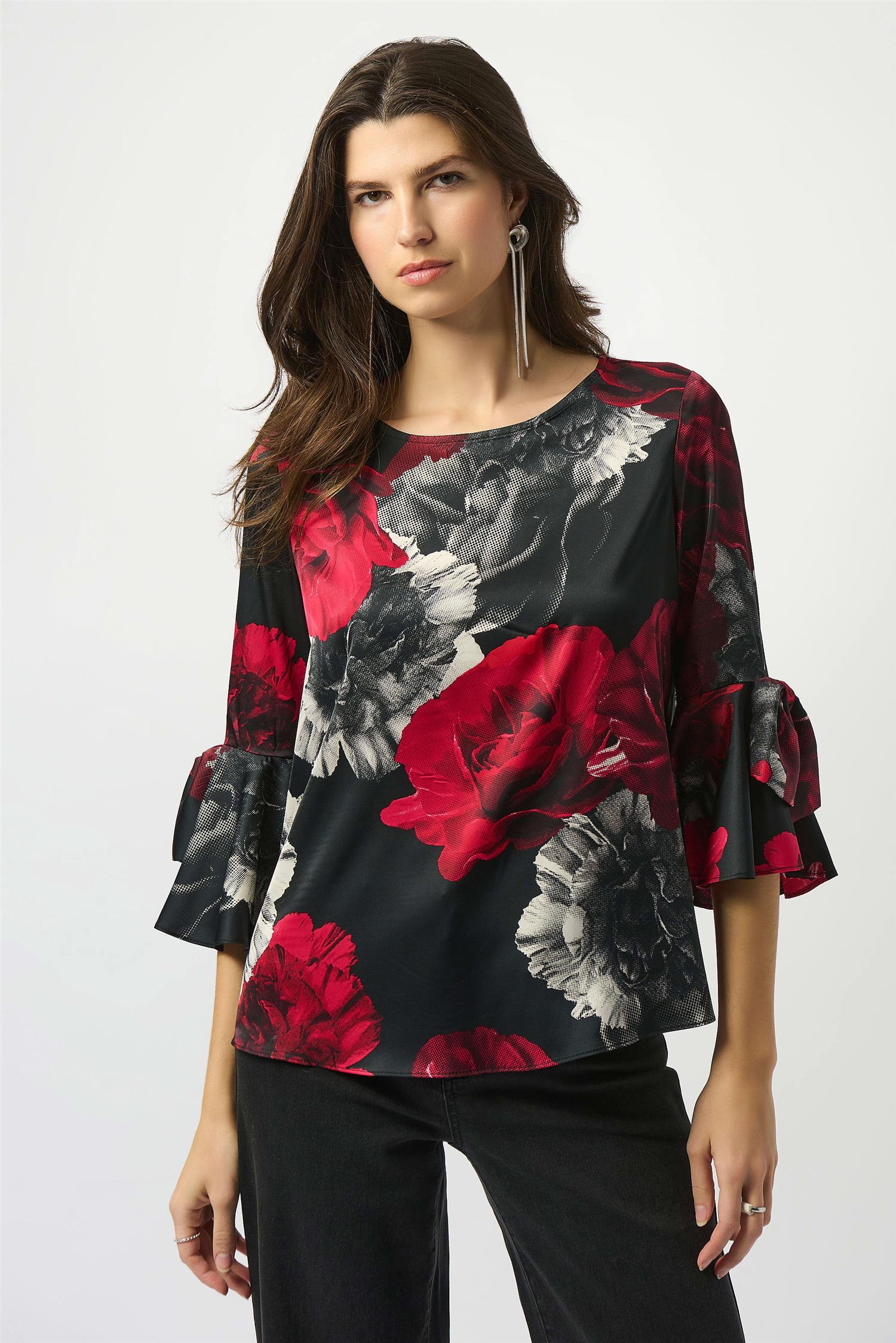 Recycled Satin Floral Print Straight Top Black/Red
