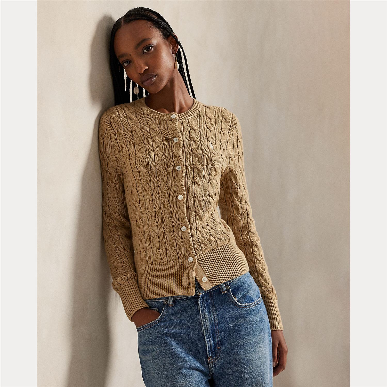 Cotton Cable Knit Long Sleeve Cardigan Khaki