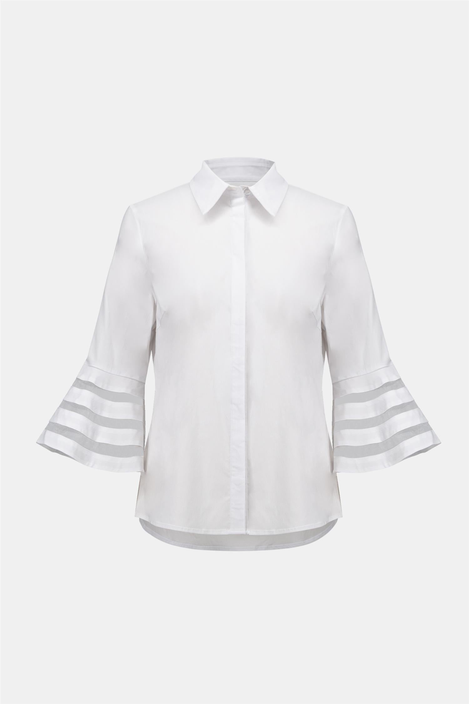 Stretch Poplin Straight Blouse with Organza Bell Sleeves White