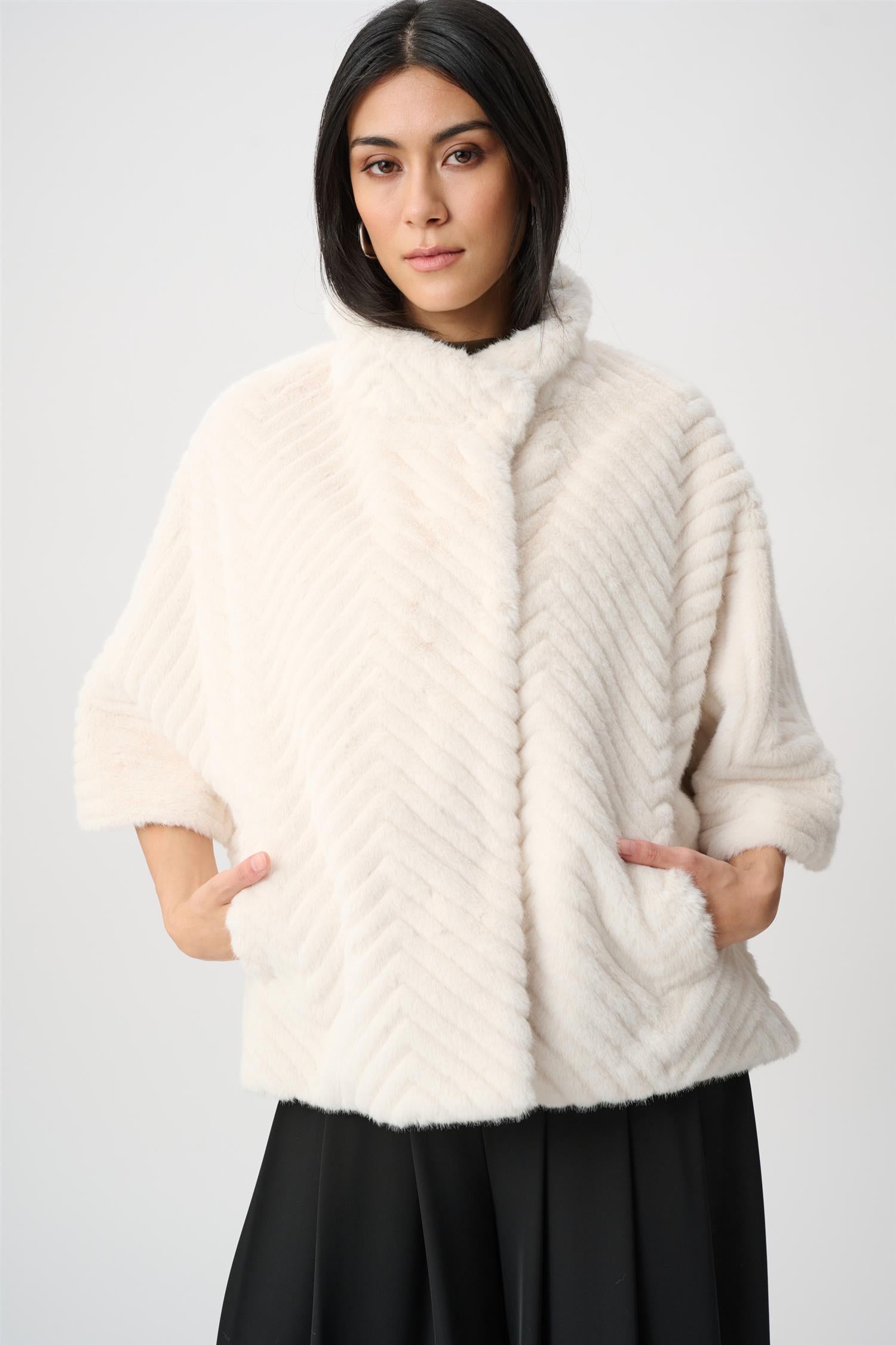 Chevron Faux Fur Cape-Style Jacket Cream