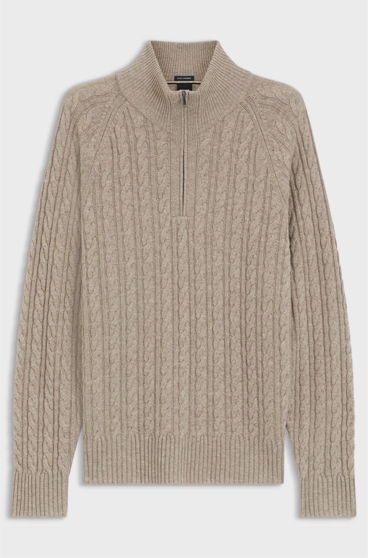 H-Furore Zip Neck Sweater with Cable Pattern Light Brown
