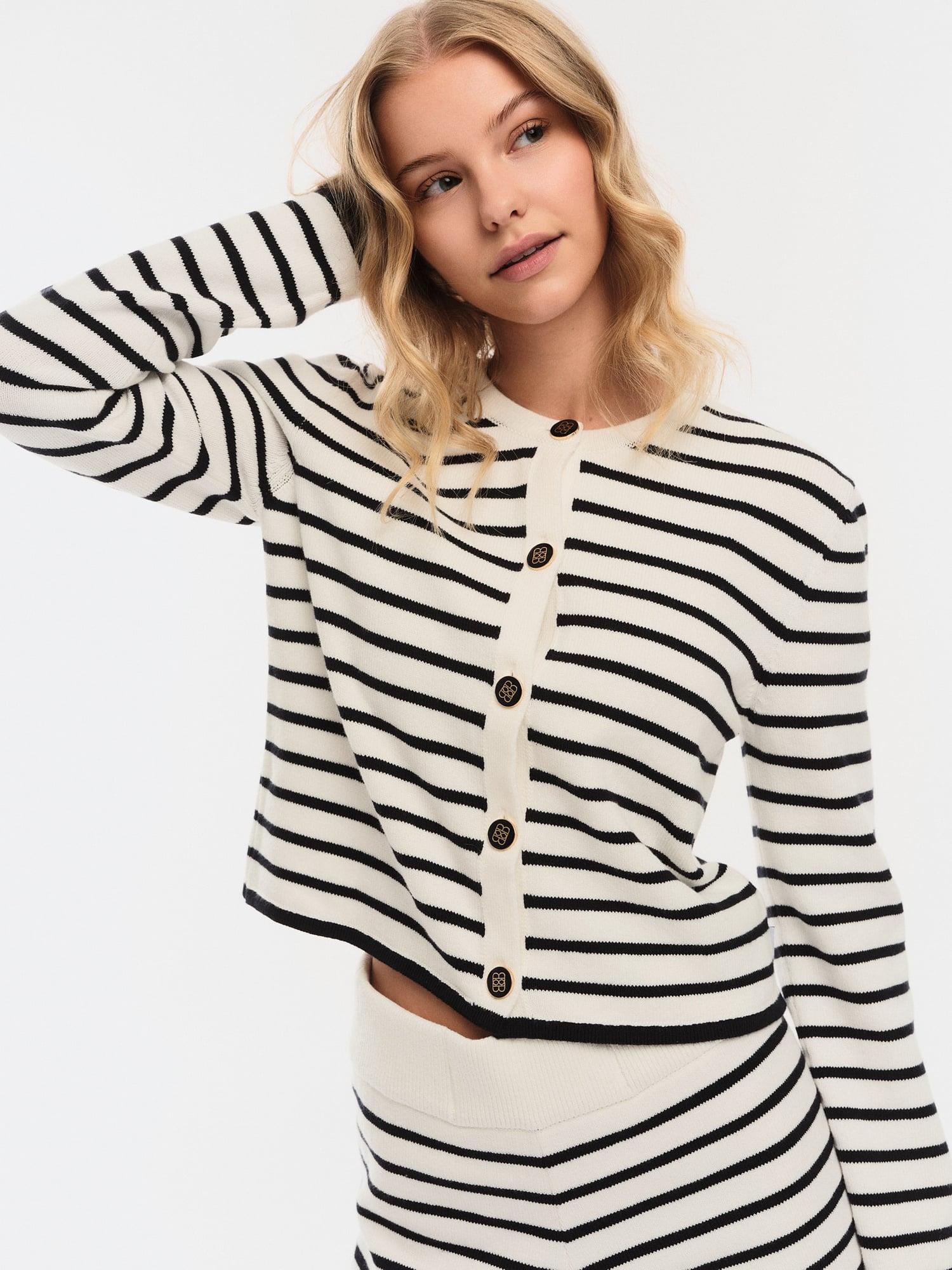 Lisa Cotton Cardigan White With Navy Stripes