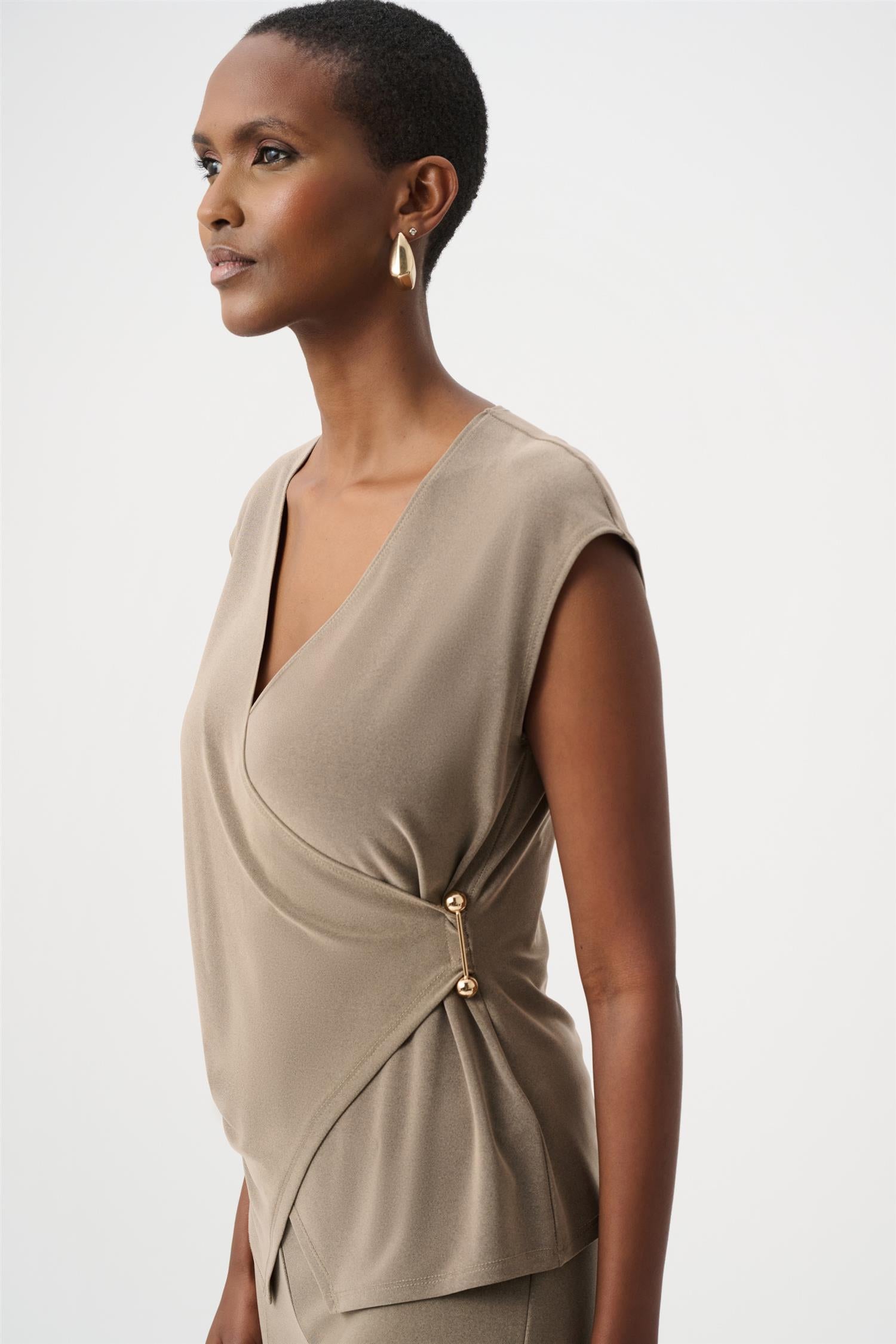 Melange Silky Knit Fitted Wrap Top Taupe