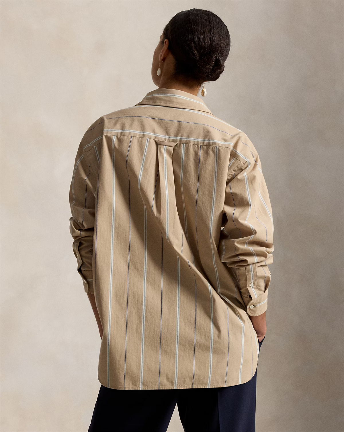 Oversized fit striped cotton shirt tan cream