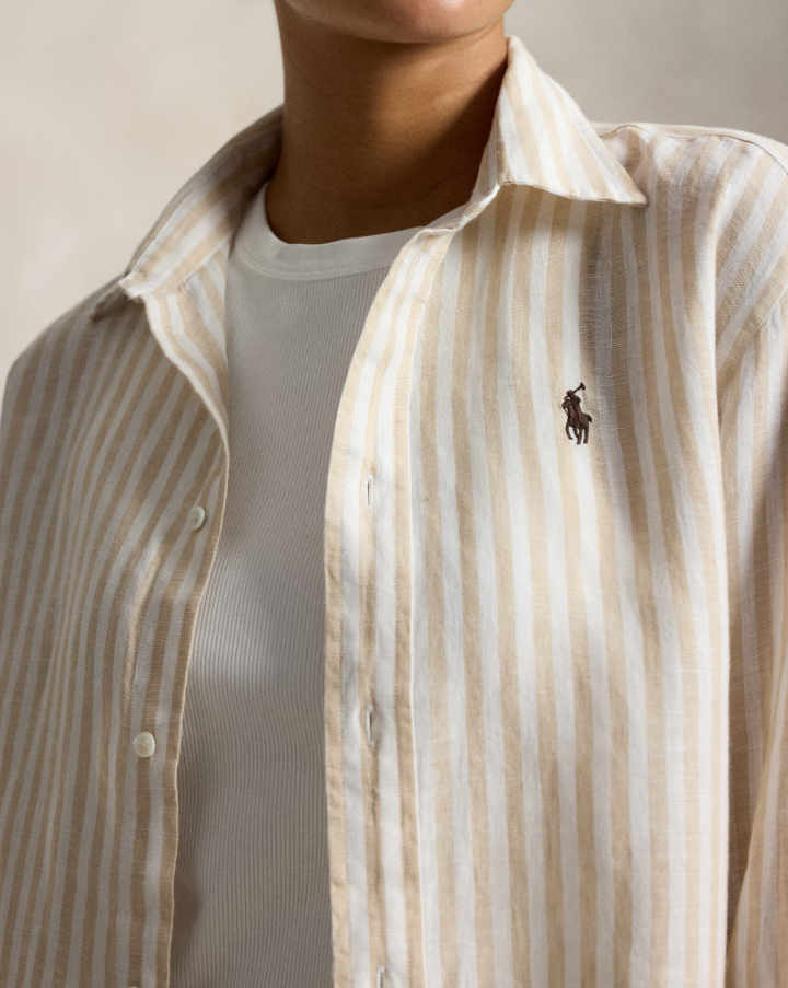 Wide Cropped Gingam Linen Shirt Dune Tan