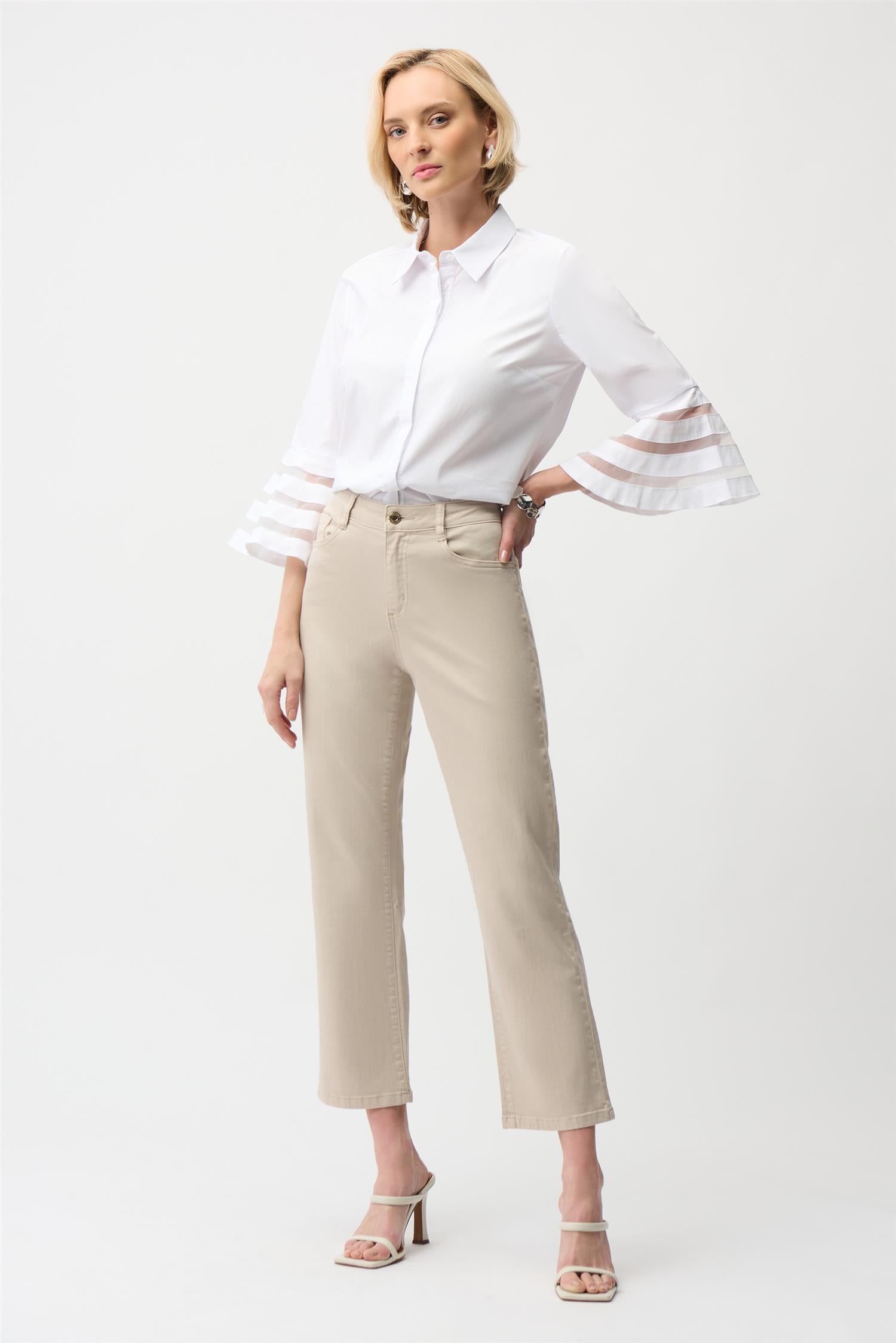 Stretch Poplin Straight Blouse with Organza Bell Sleeves White