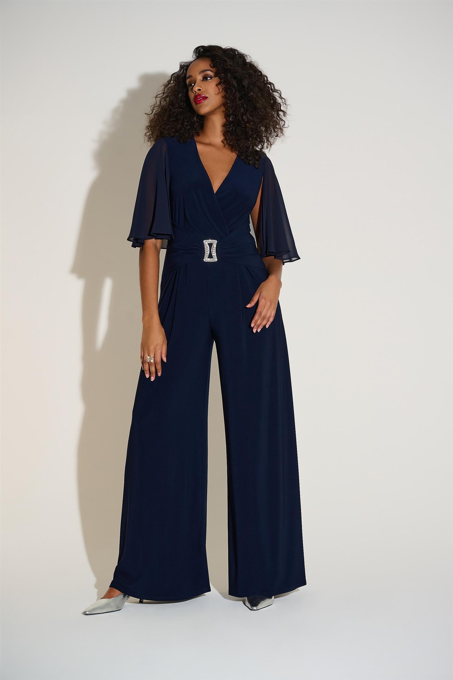 Silky Knit & Chiffon Wide Leg Jumpsuit Midnight Blue