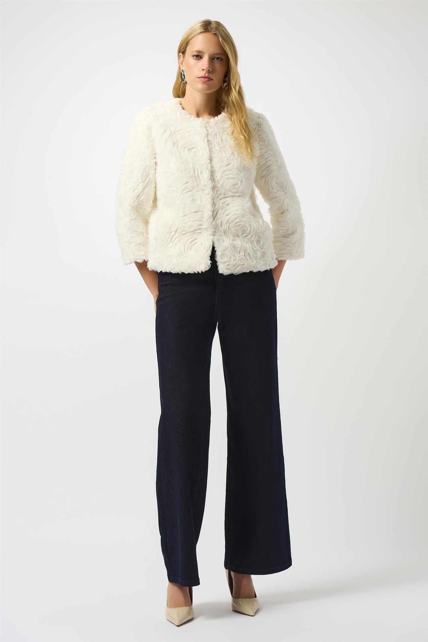 Embroidered Faux Fur Collarless Jacket Vanilla