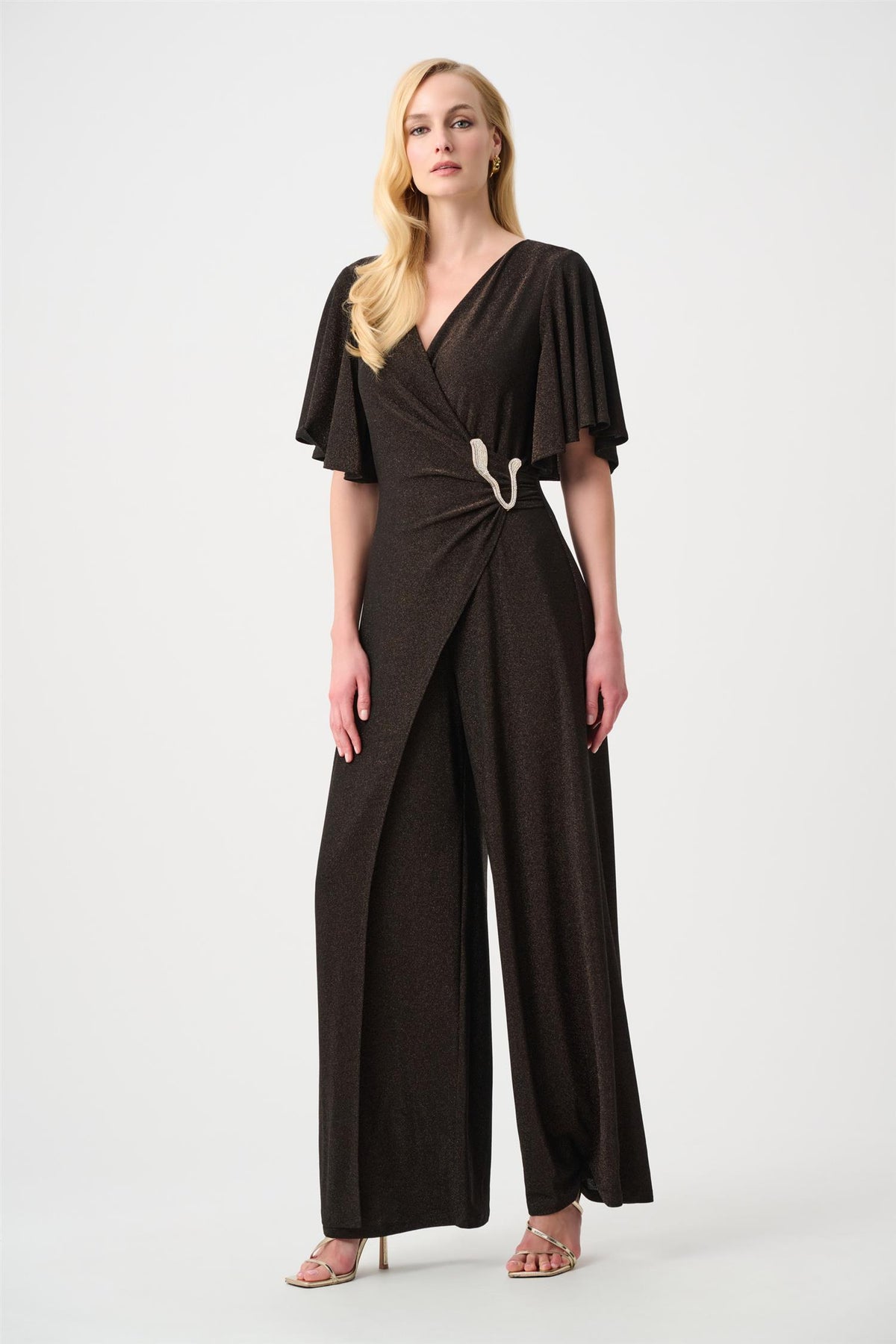 Sparkle Knit Wide Leg Wrap Jumpsuit Bronze