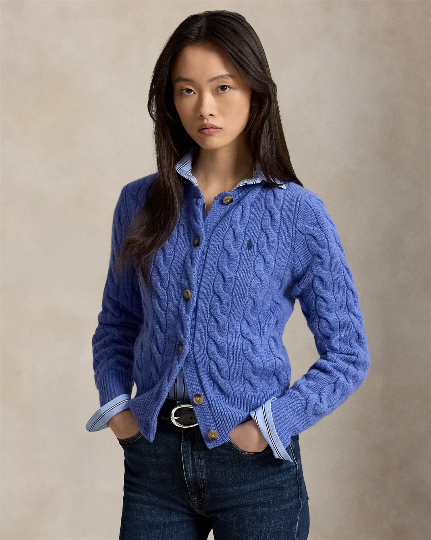 Cable-knit wool-chasmere cardigan dockside blue heather