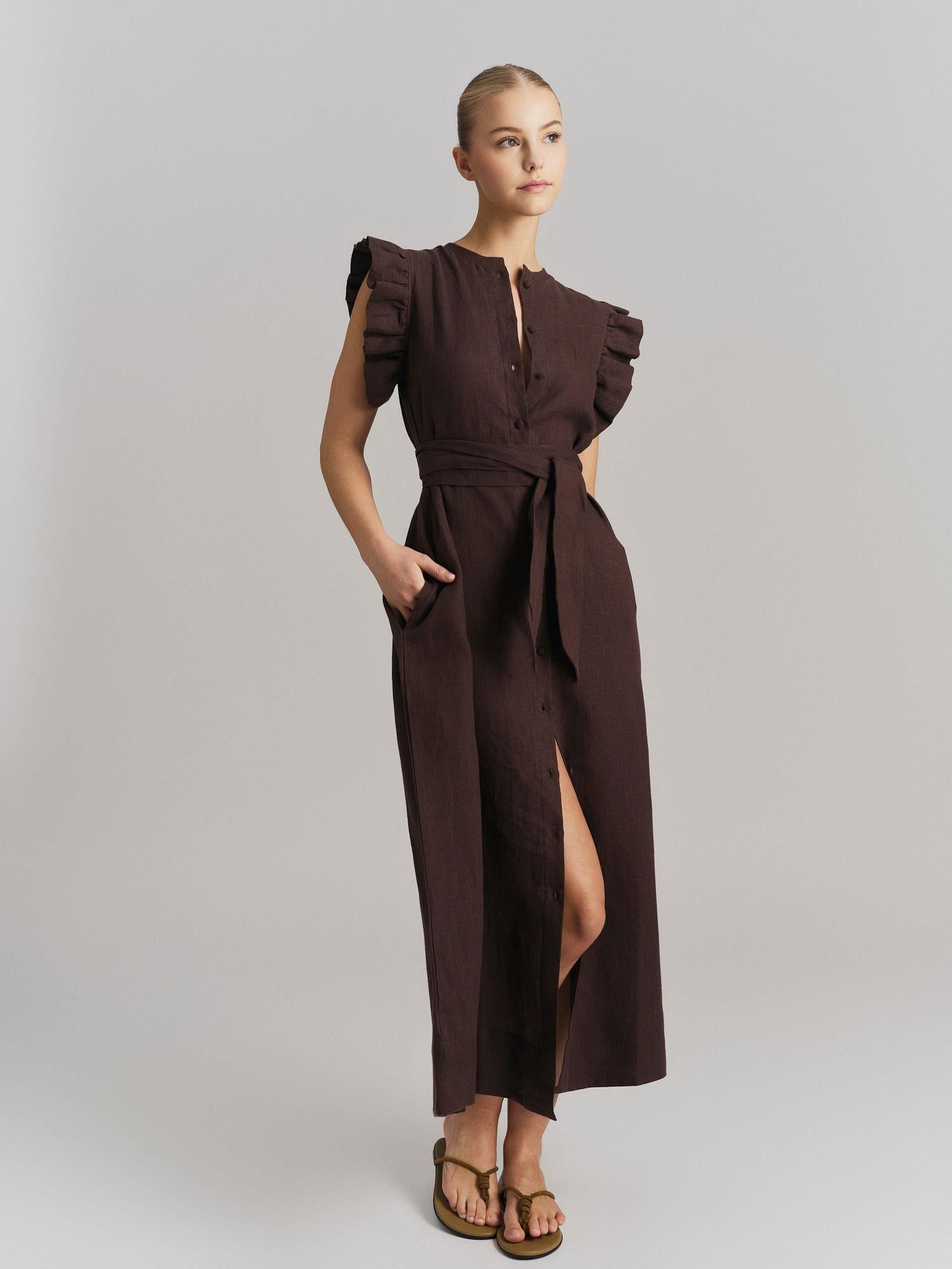 Pam Linen Dress Dark Brown