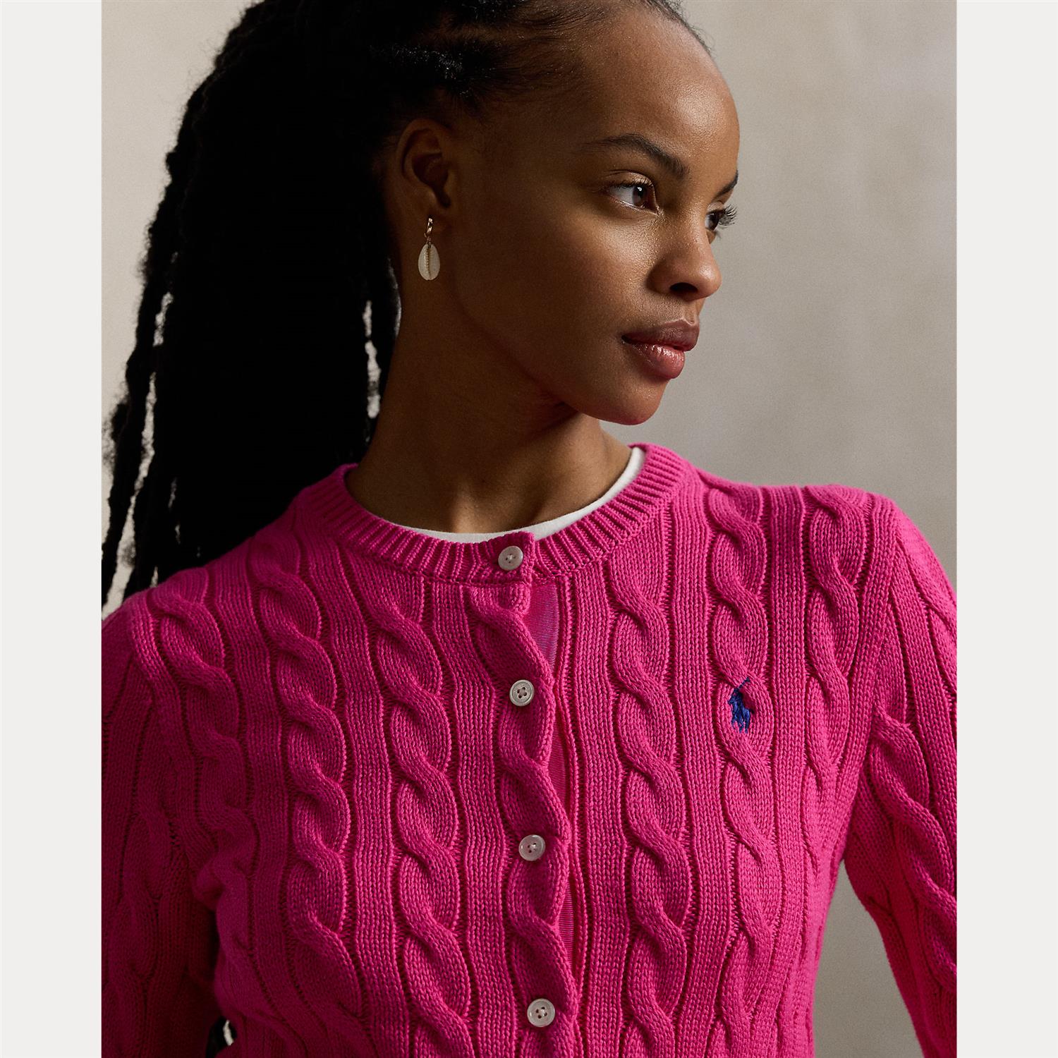 Cotton Cable Knit Long Sleeve Cardigan Pink