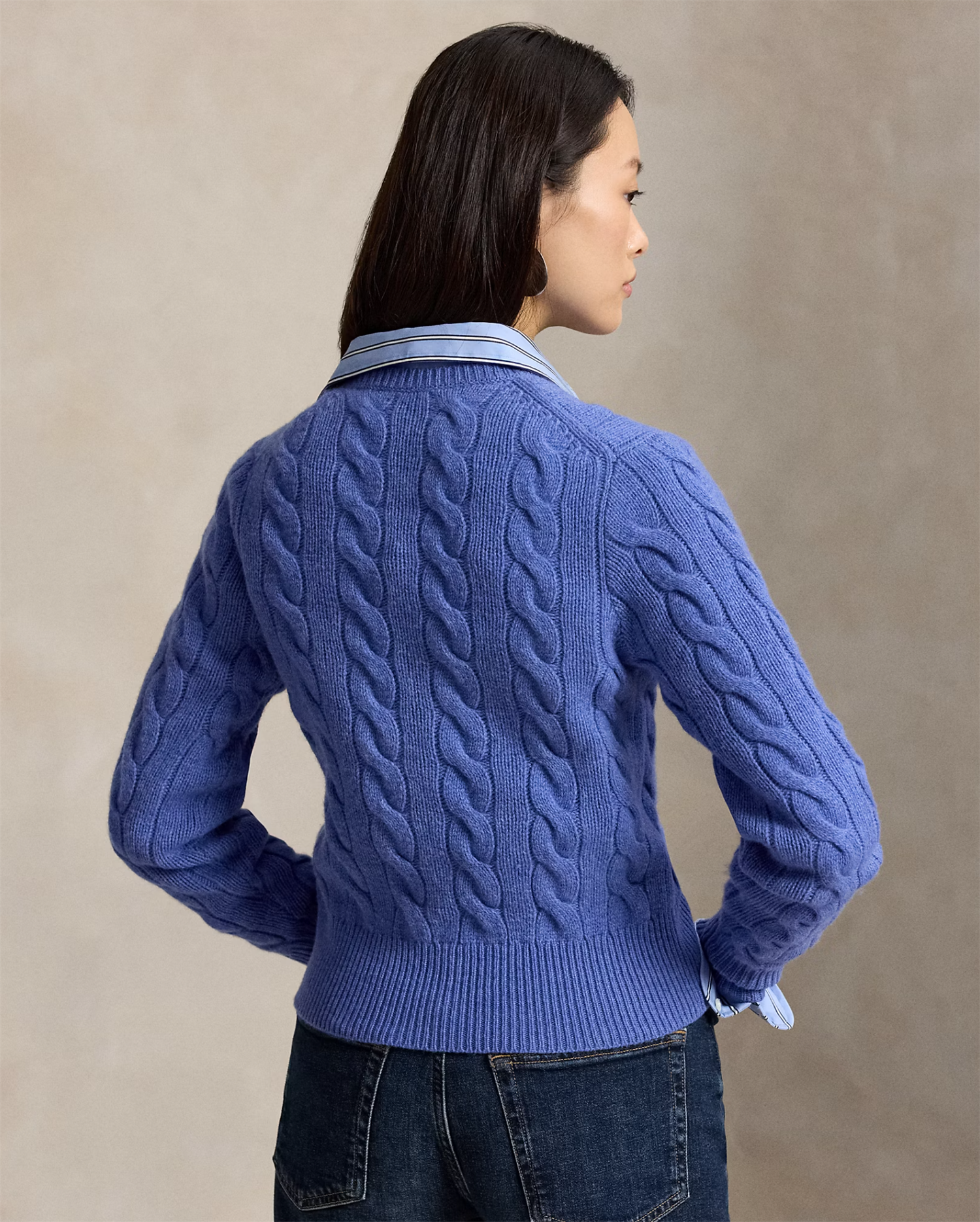 Cable-knit wool-chasmere cardigan dockside blue heather