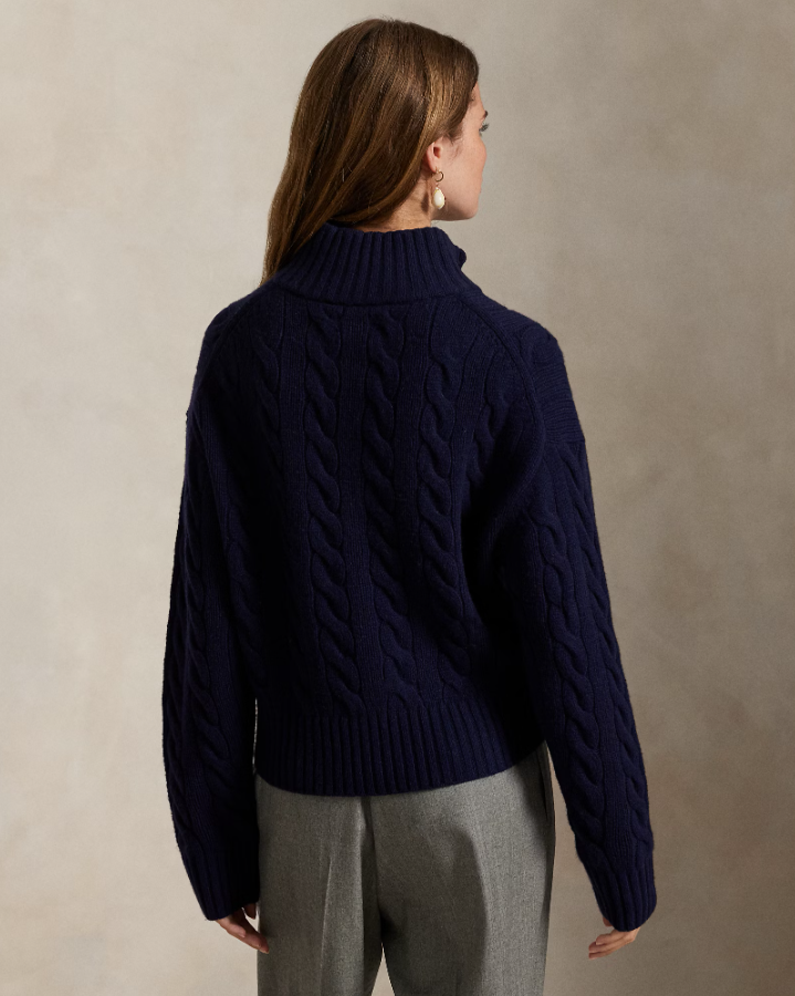 Cable Knit Pullover with Zip Wool Cashmere Navy