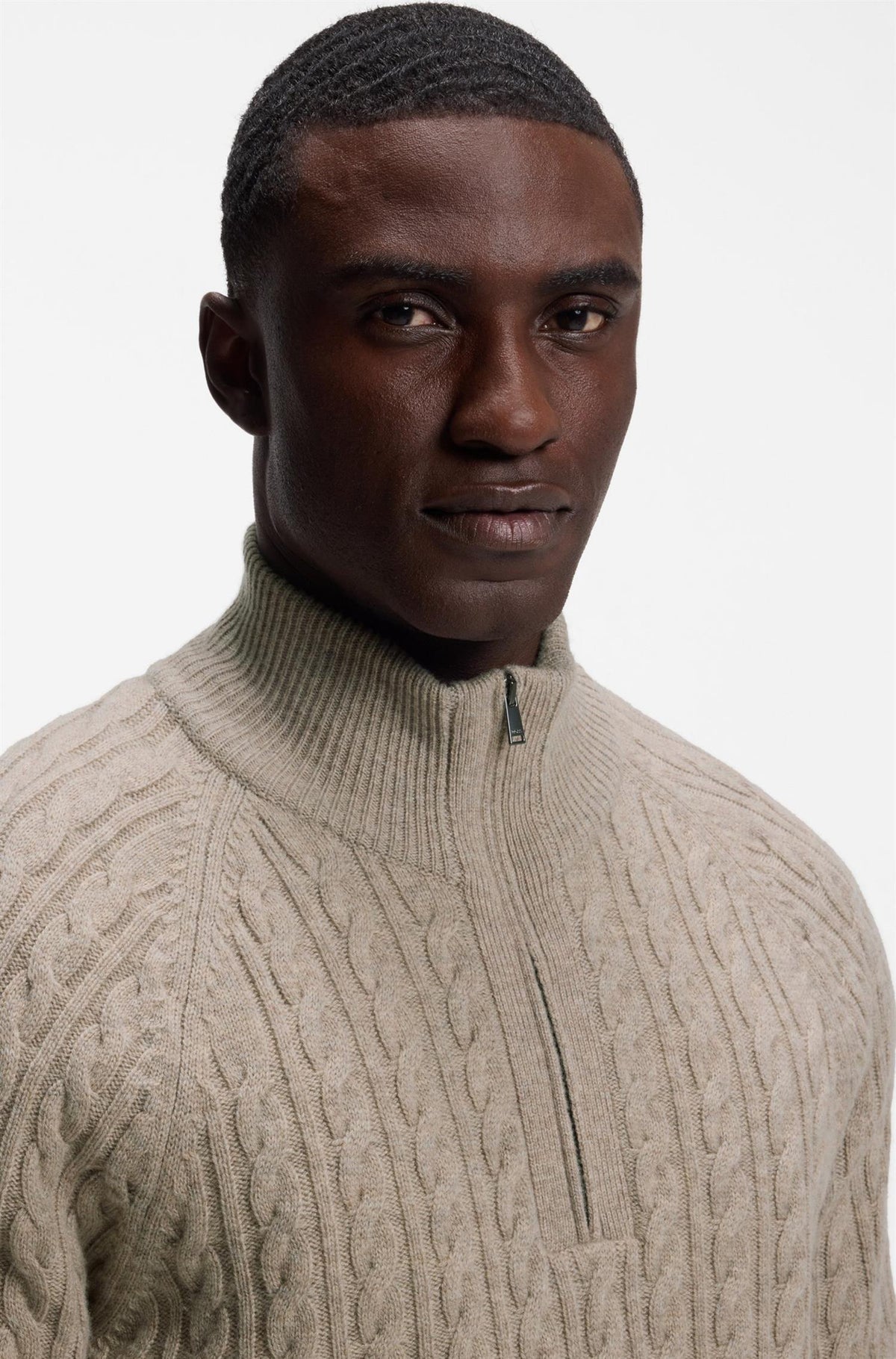 H-Furore Zip Neck Sweater with Cable Pattern Light Brown