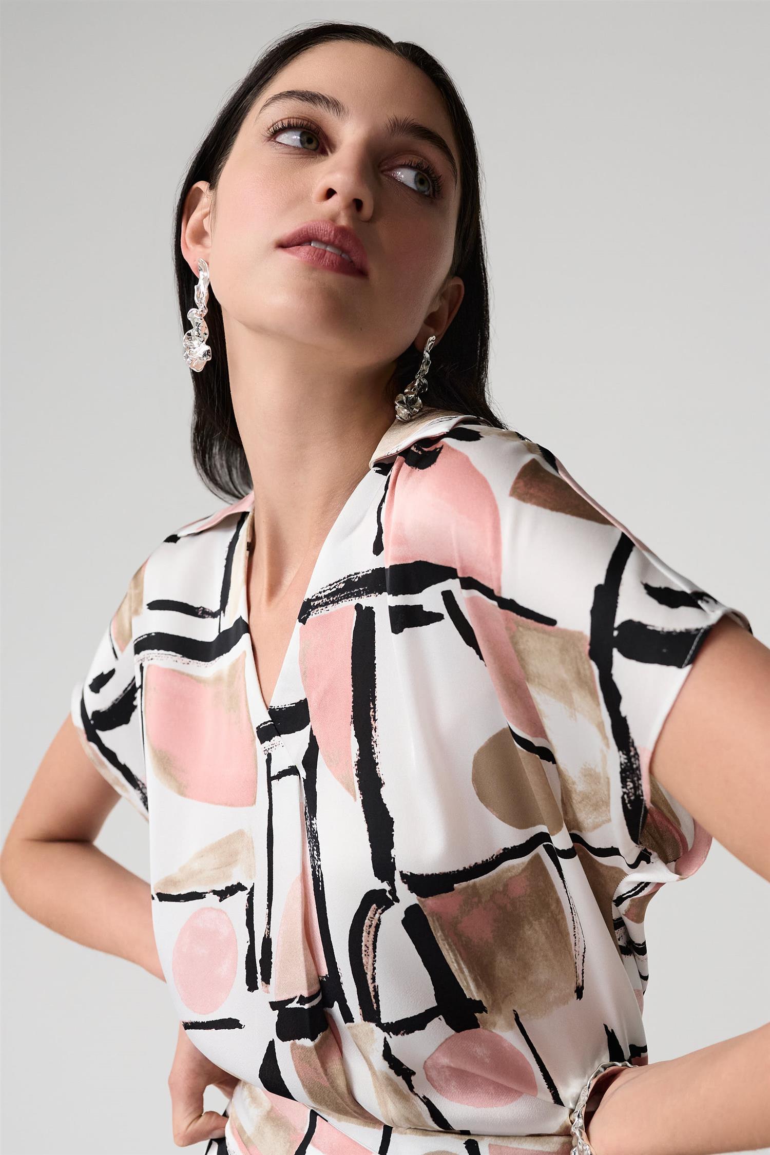 Recycled Satin Abstract Print Boxy Top With V-neckline Vanilla/Multi