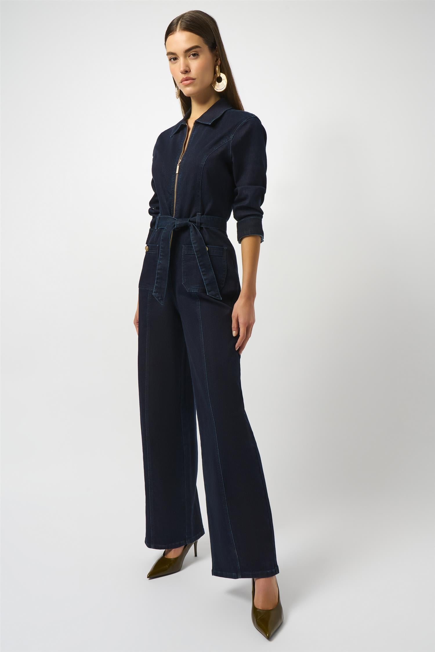 Stretch Denim Zip Front Wide-Leg Jumpsuit Indigo