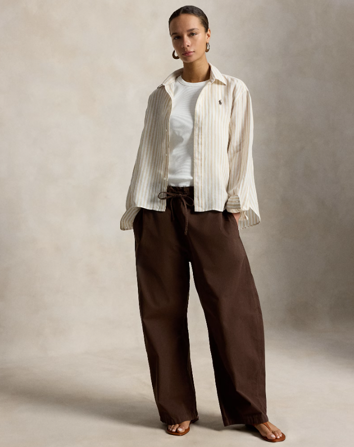 Wide Cropped Gingam Linen Shirt Dune Tan