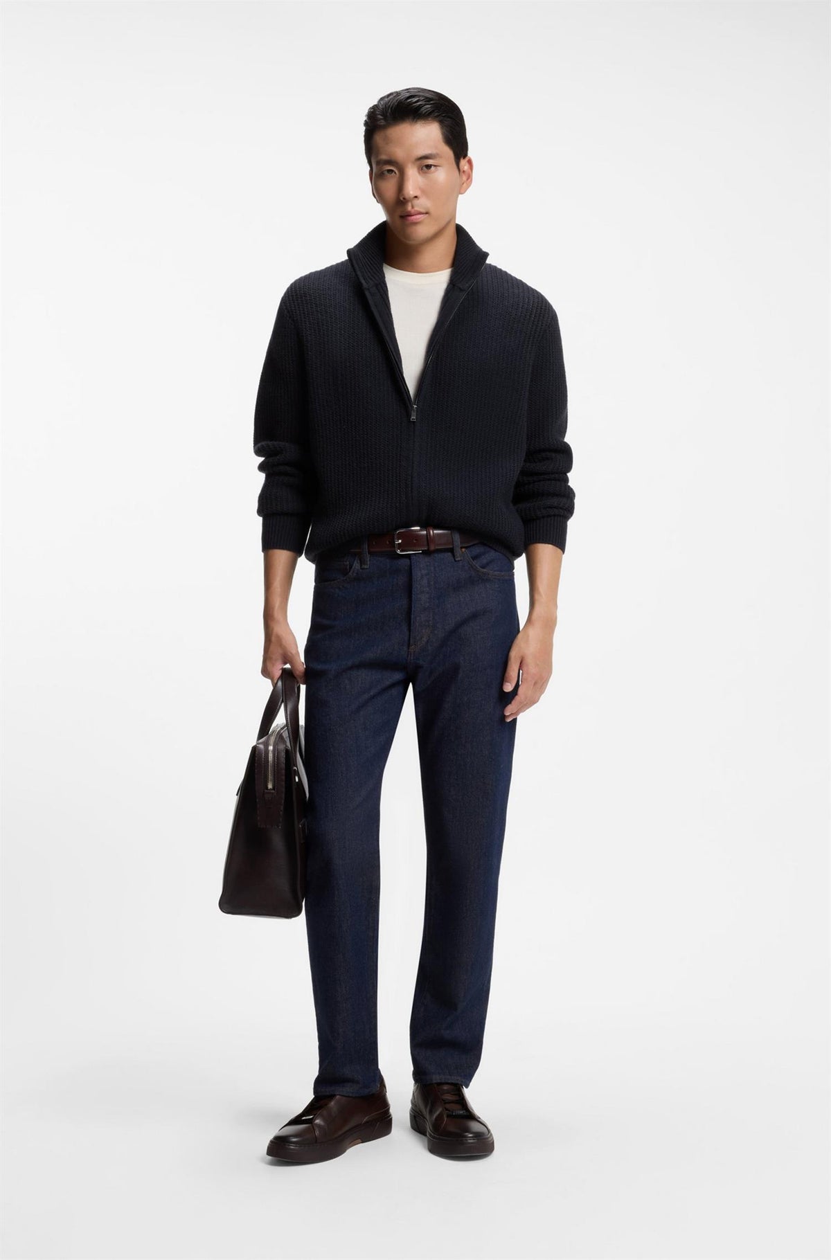 H-Fiocco Zip Up Structured Wool and Cashmere Cardigan Navy