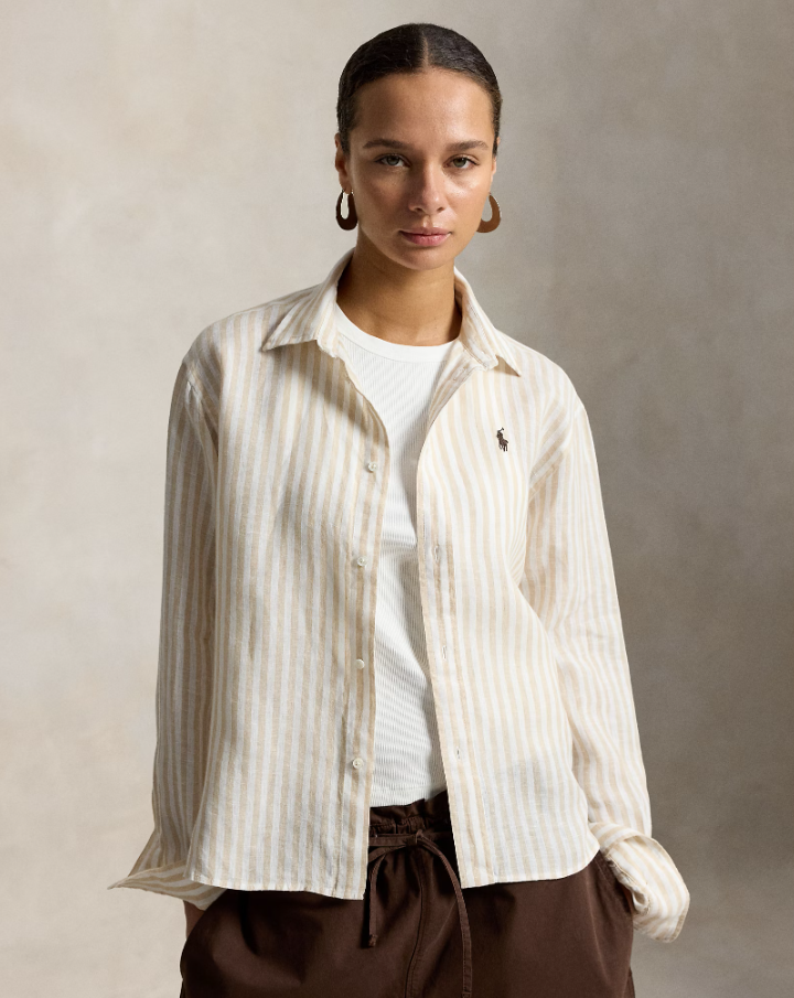 Wide Cropped Gingam Linen Shirt Dune Tan