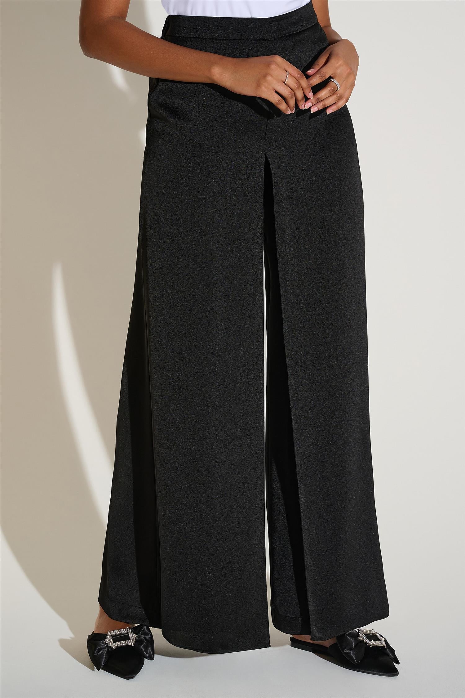 Satin Wide Leg Pants With Front Overlay Black