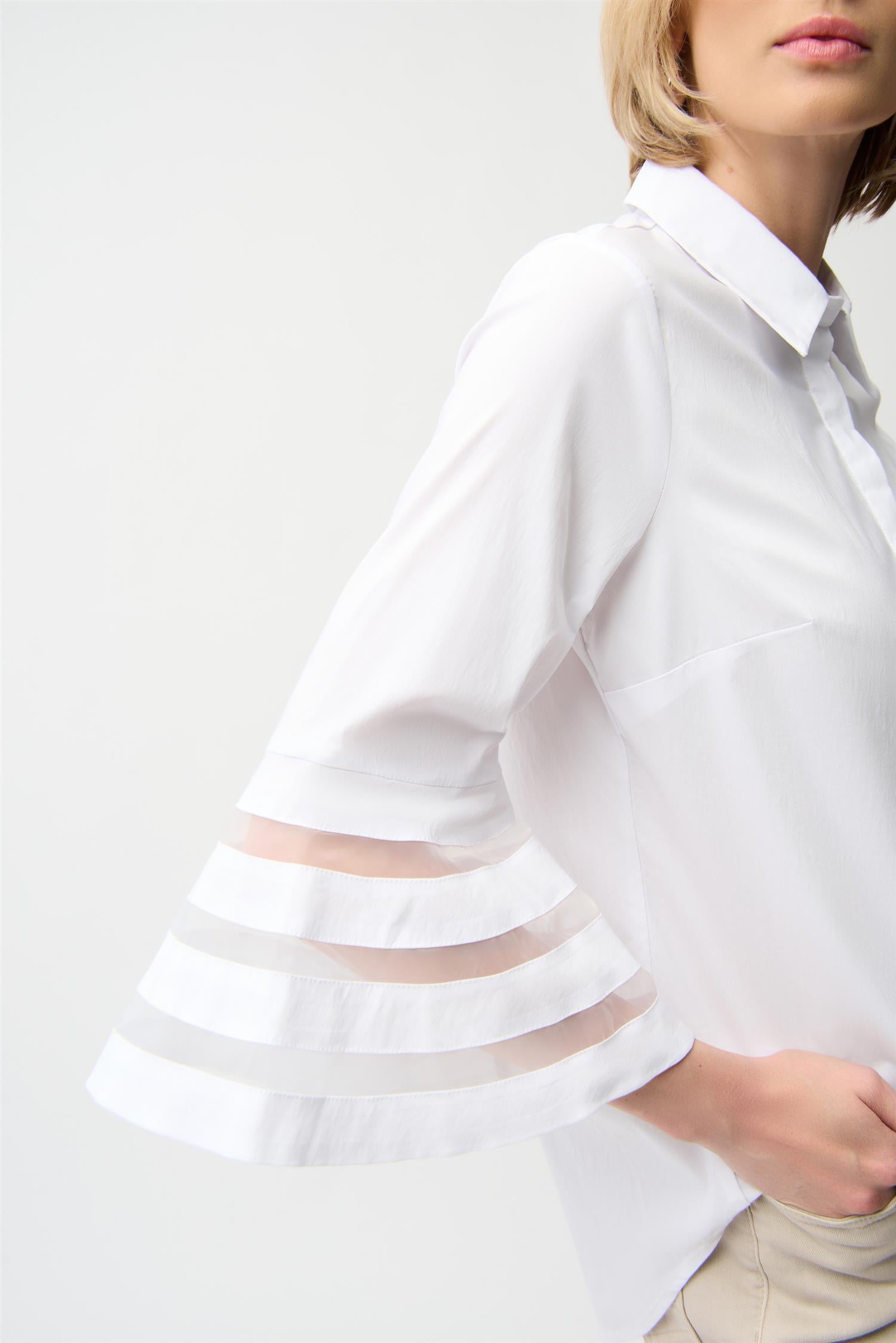 Stretch Poplin Straight Blouse with Organza Bell Sleeves White