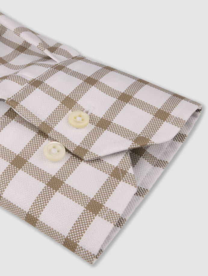 BEIGE CHECK TWOFOLD COTTON FITTED BODY SHIRT