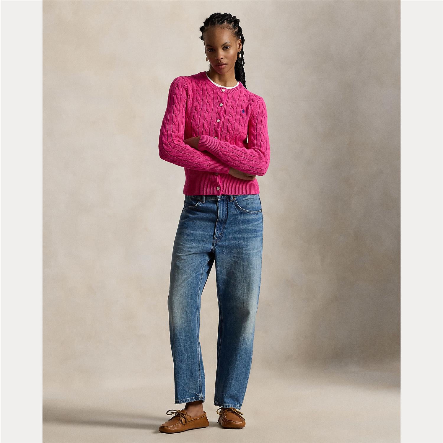 Cotton Cable Knit Long Sleeve Cardigan Pink