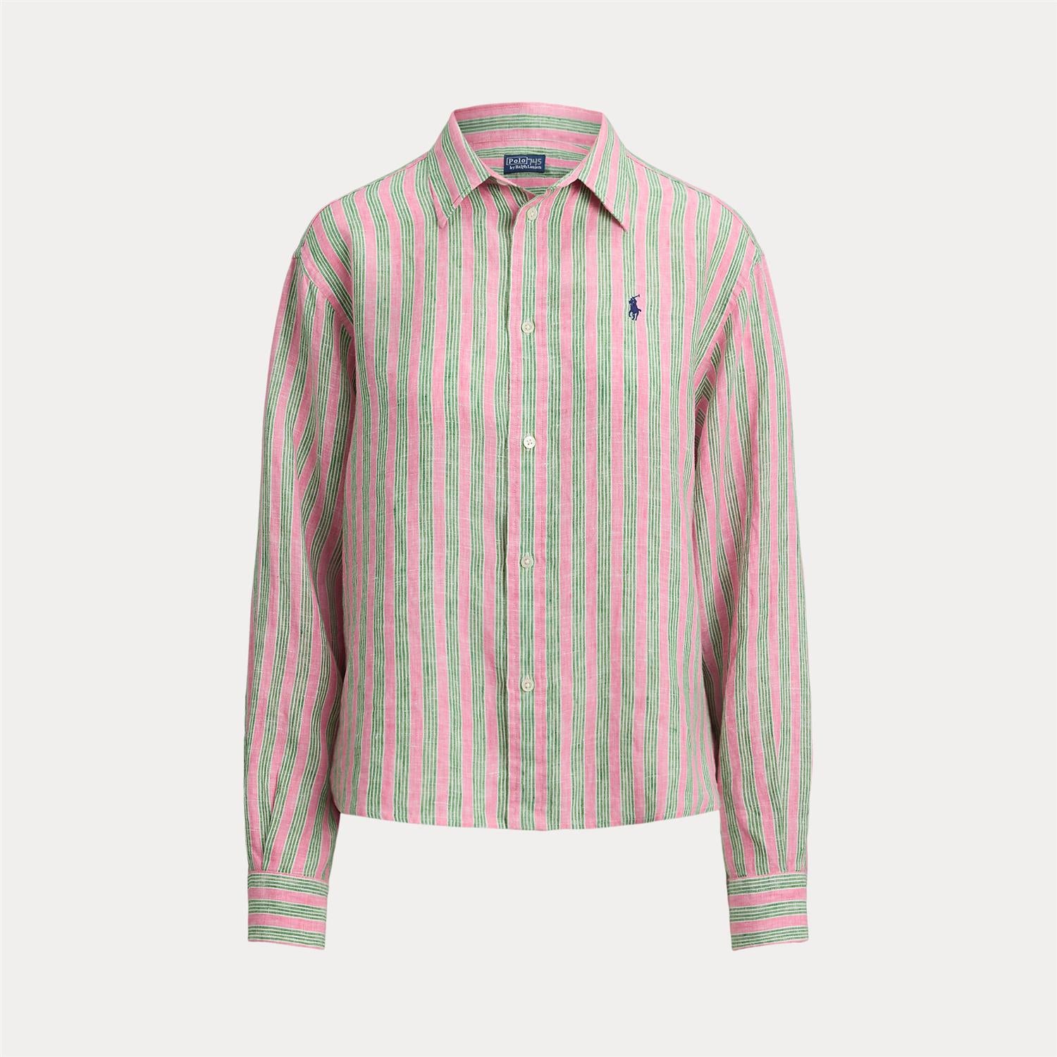 Wide Cropped Striped Linen Shirt Berry Green Multi