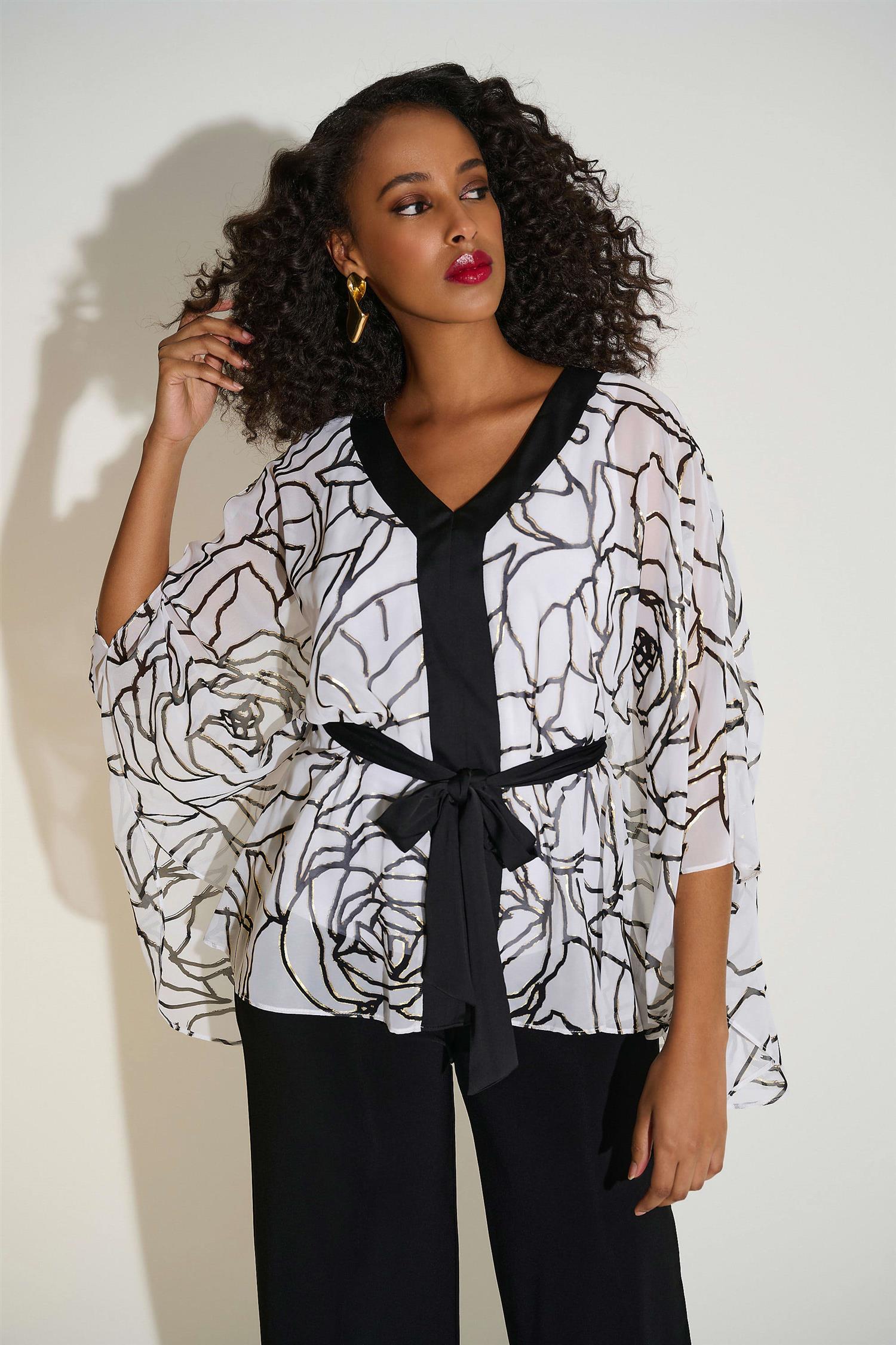 Chiffon & Satin Foiled Floral Print Poncho Top Vanilla/Black
