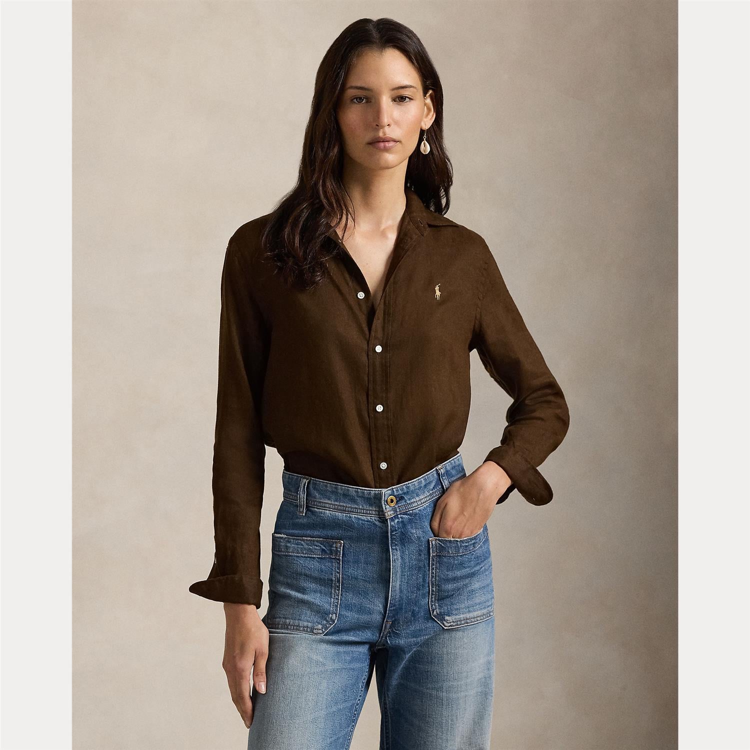 Classic-Long Sleeve-Button Front Shirt - Brown