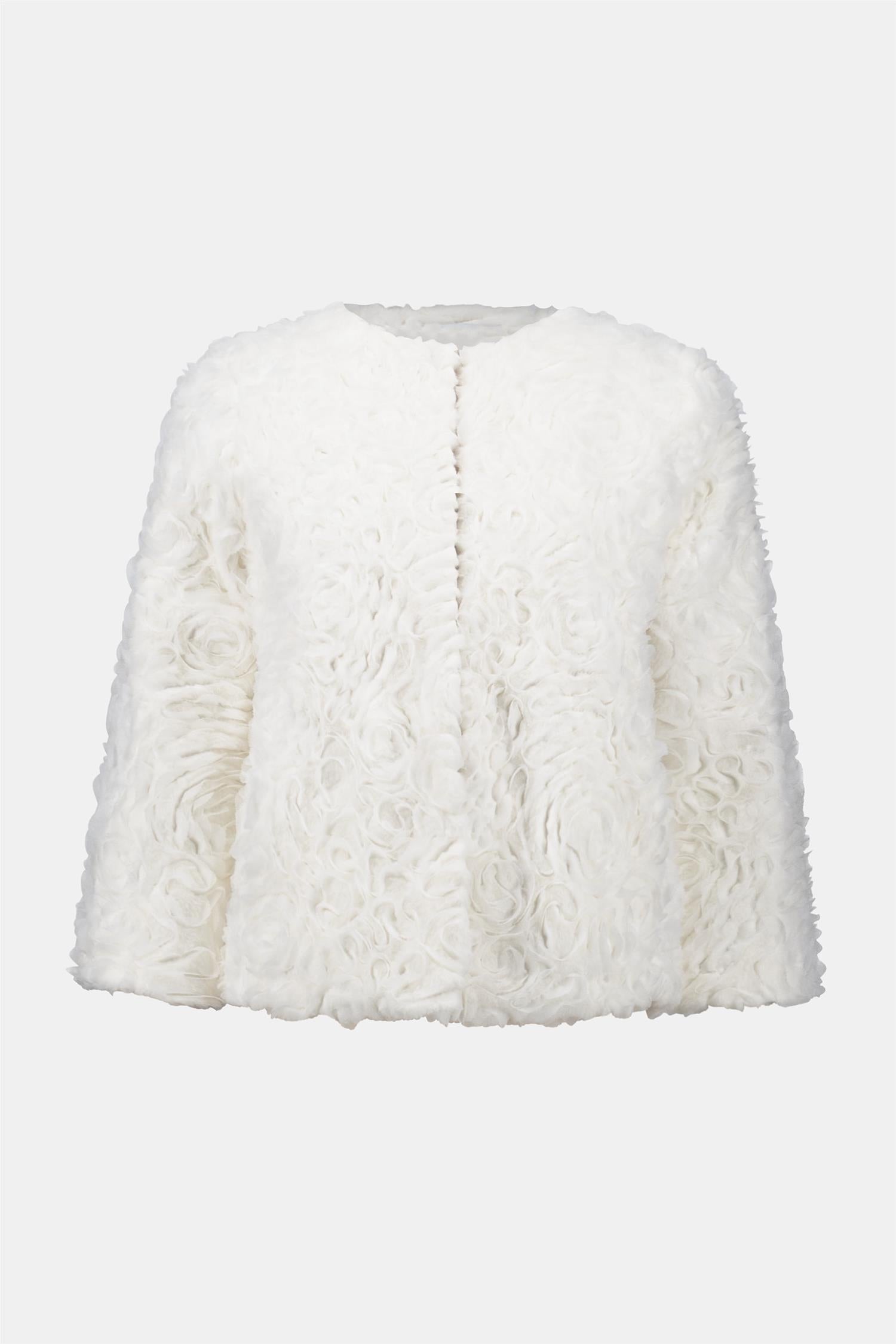 Embroidered Faux Fur Collarless Jacket Vanilla