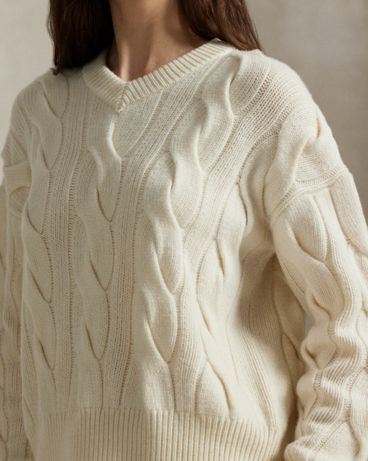 Cable-Knit Wool-Cashmere V-Neck Jumper Authentic Creme