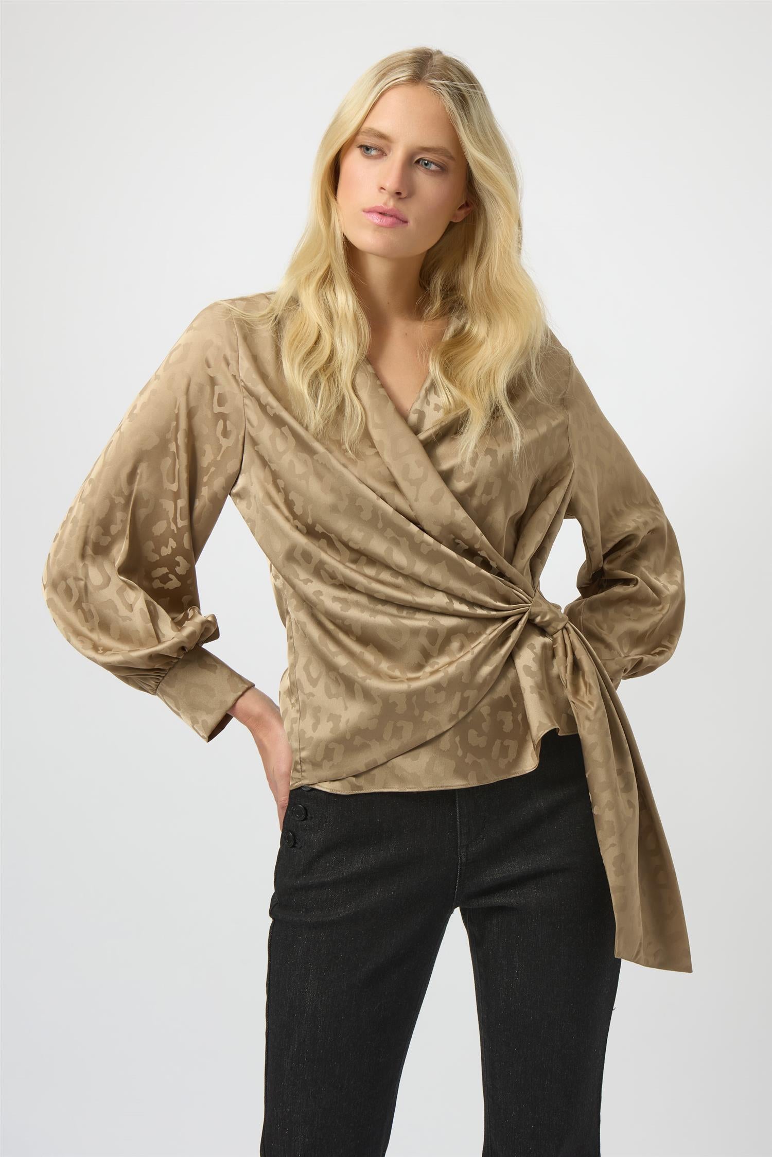 Jacquard Satin Animal print Wrap Top Taupe