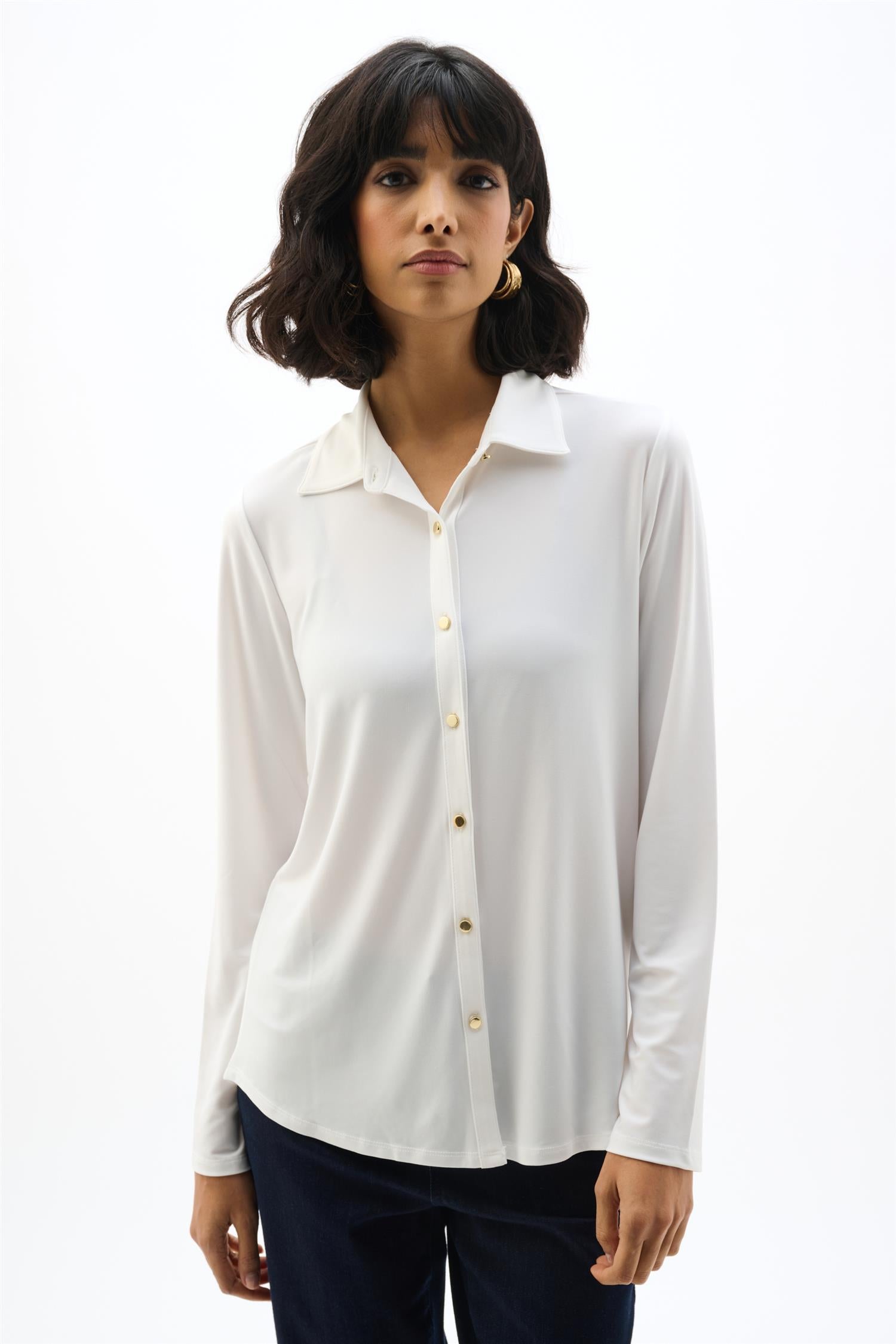 Silky Knit Button-Front Straight Vanilla Blouse