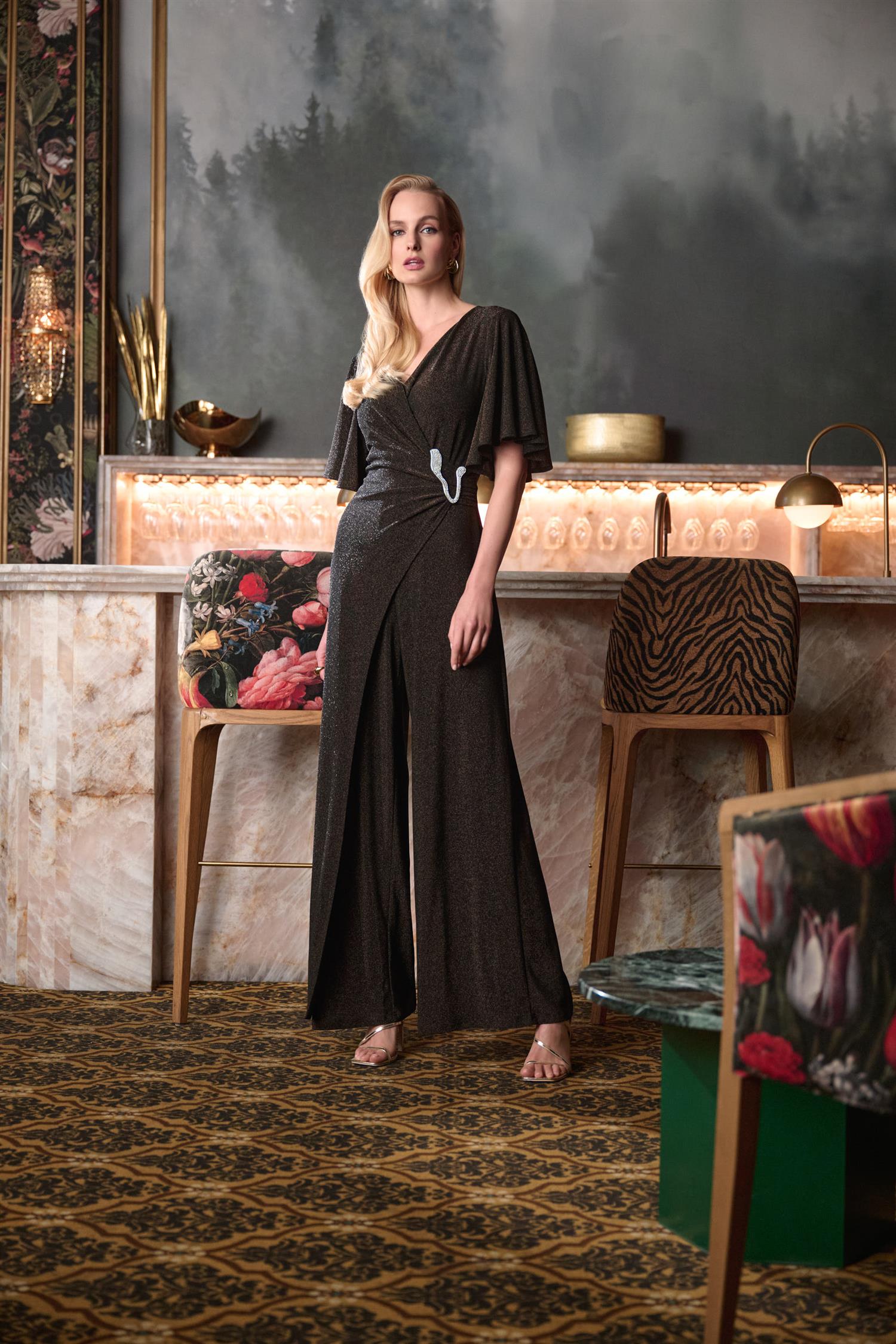 Sparkle Knit Wide Leg Wrap Jumpsuit Bronze