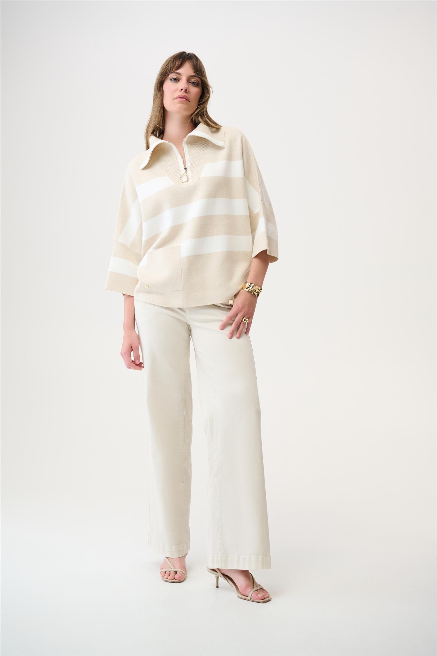 Brushed Visc Stripe Print Boxy Sweater w/Zipped Collar
