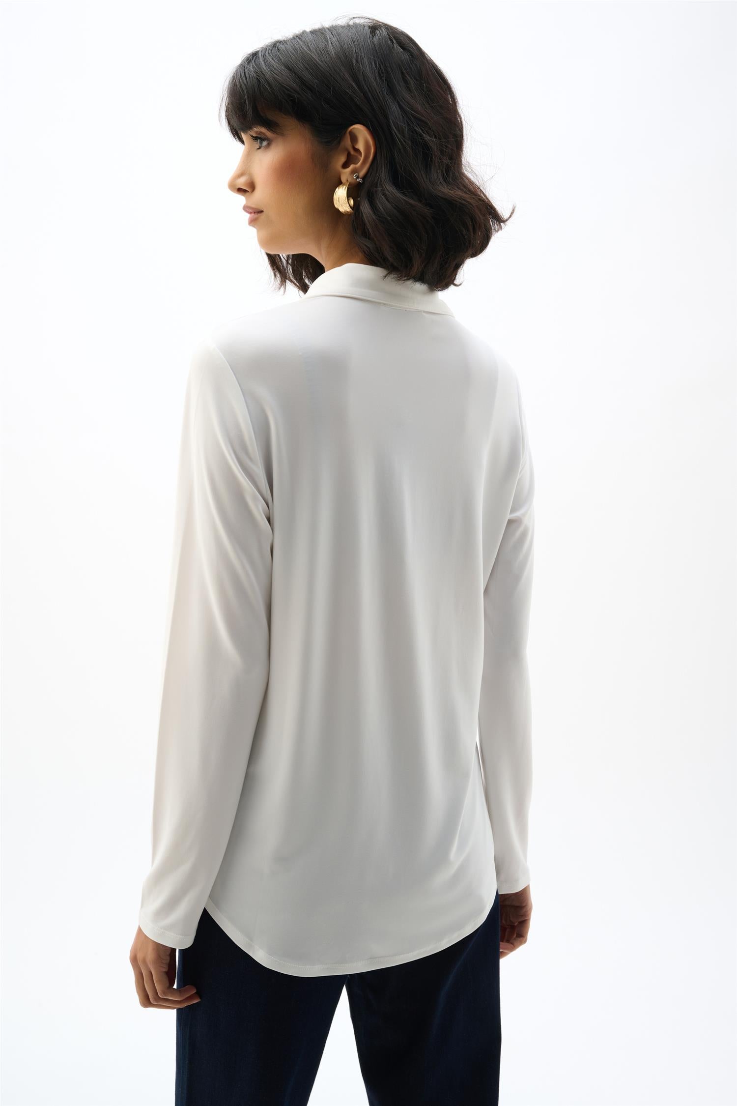 Silky Knit Button-Front Straight Vanilla Blouse