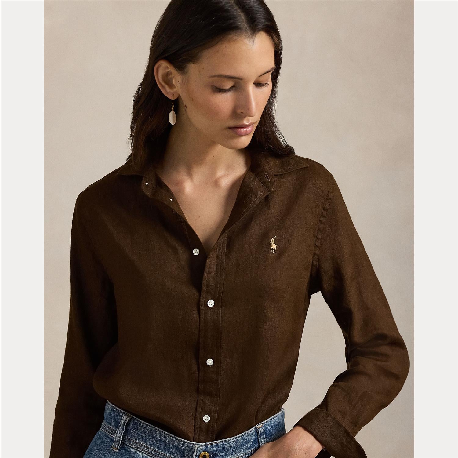 Classic-Long Sleeve-Button Front Shirt - Brown