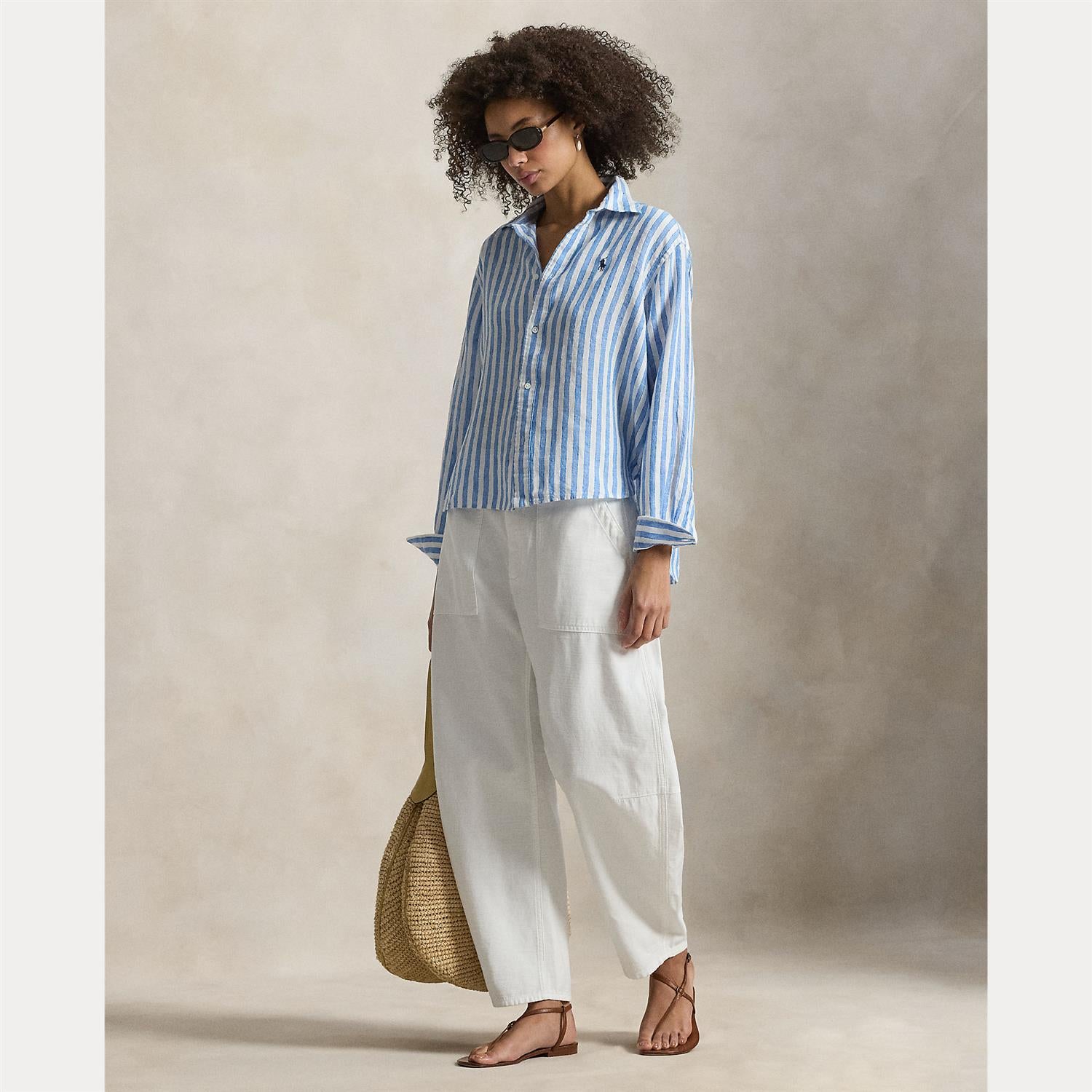 Wide Cropped Striped Linen Shit White Blue Multi