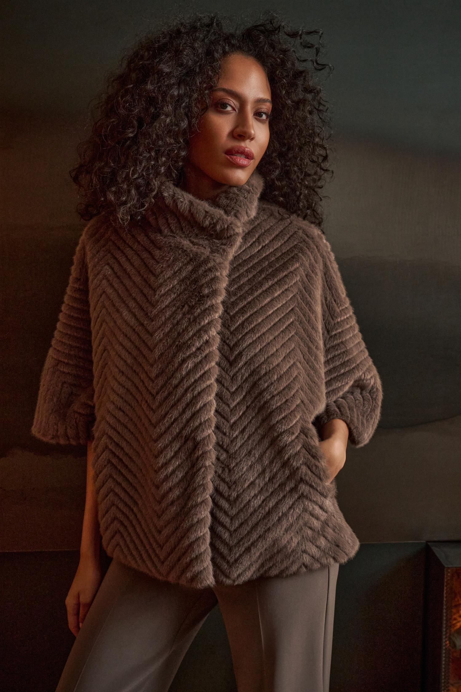 Chevron Faux Fur Cape-Style Jacket Mink