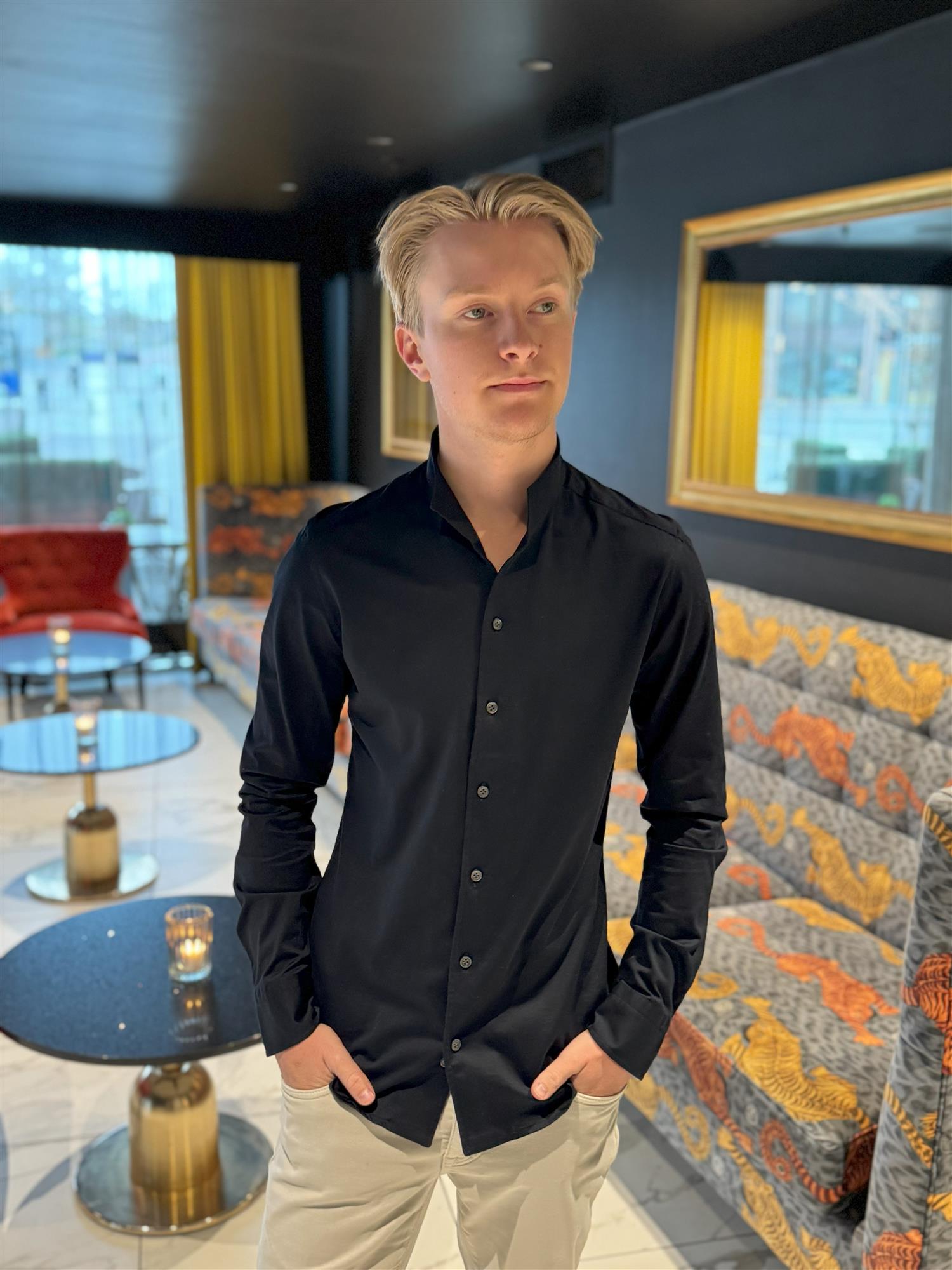 FINE JERSEY SHIRT WITH NO COLLAR BLACK