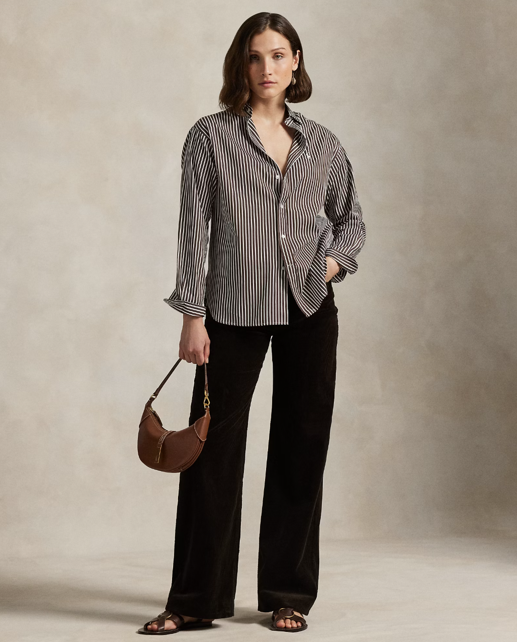 Relaxed Fit Striped Cotton Shirt Brown/White