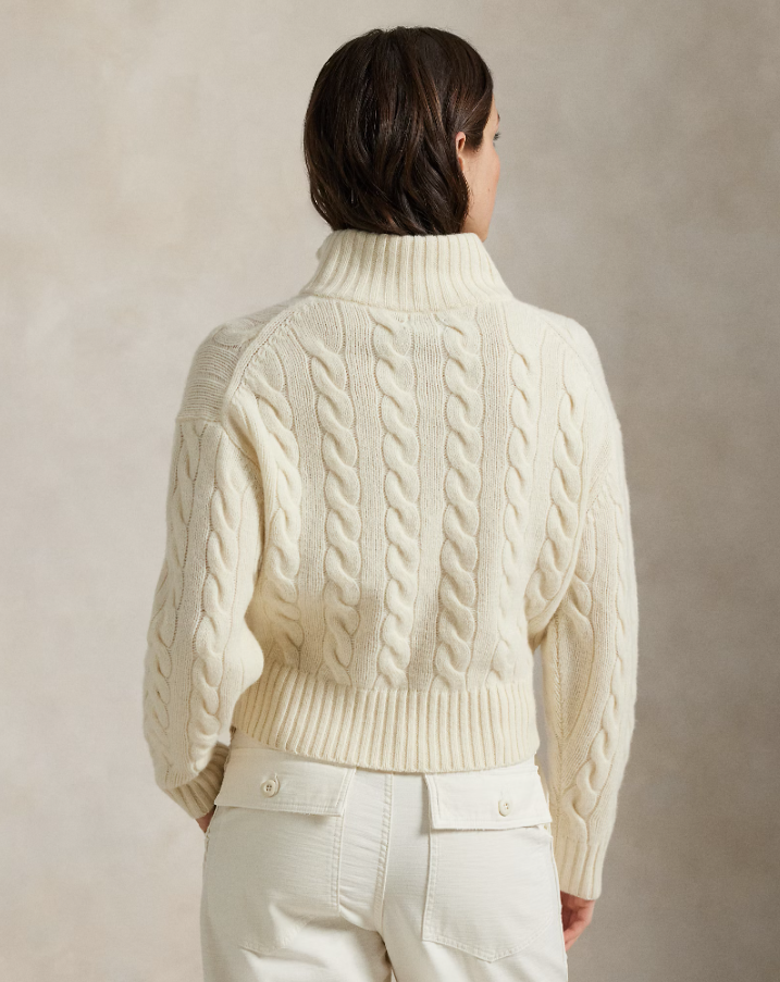 Cable Knit Pullover with Zip Wool Cashmere Offwhite